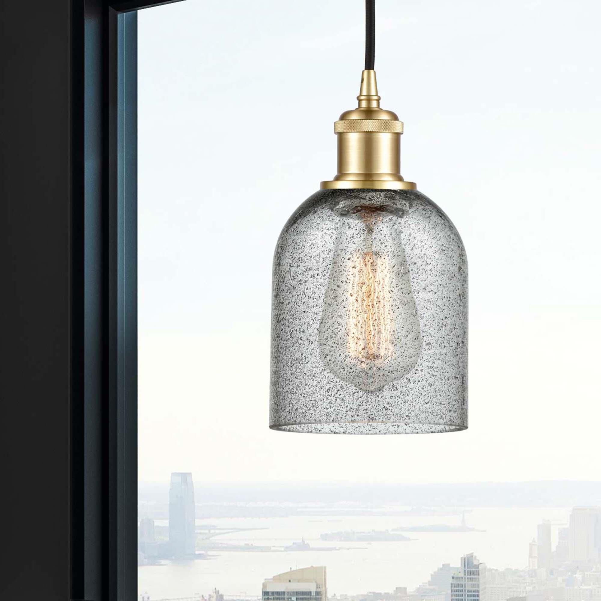 Shown in Satin Gold finish and Charcoal Caledonia glass and Mesh Cylinder Bleeker shade and Polished Chrome accent