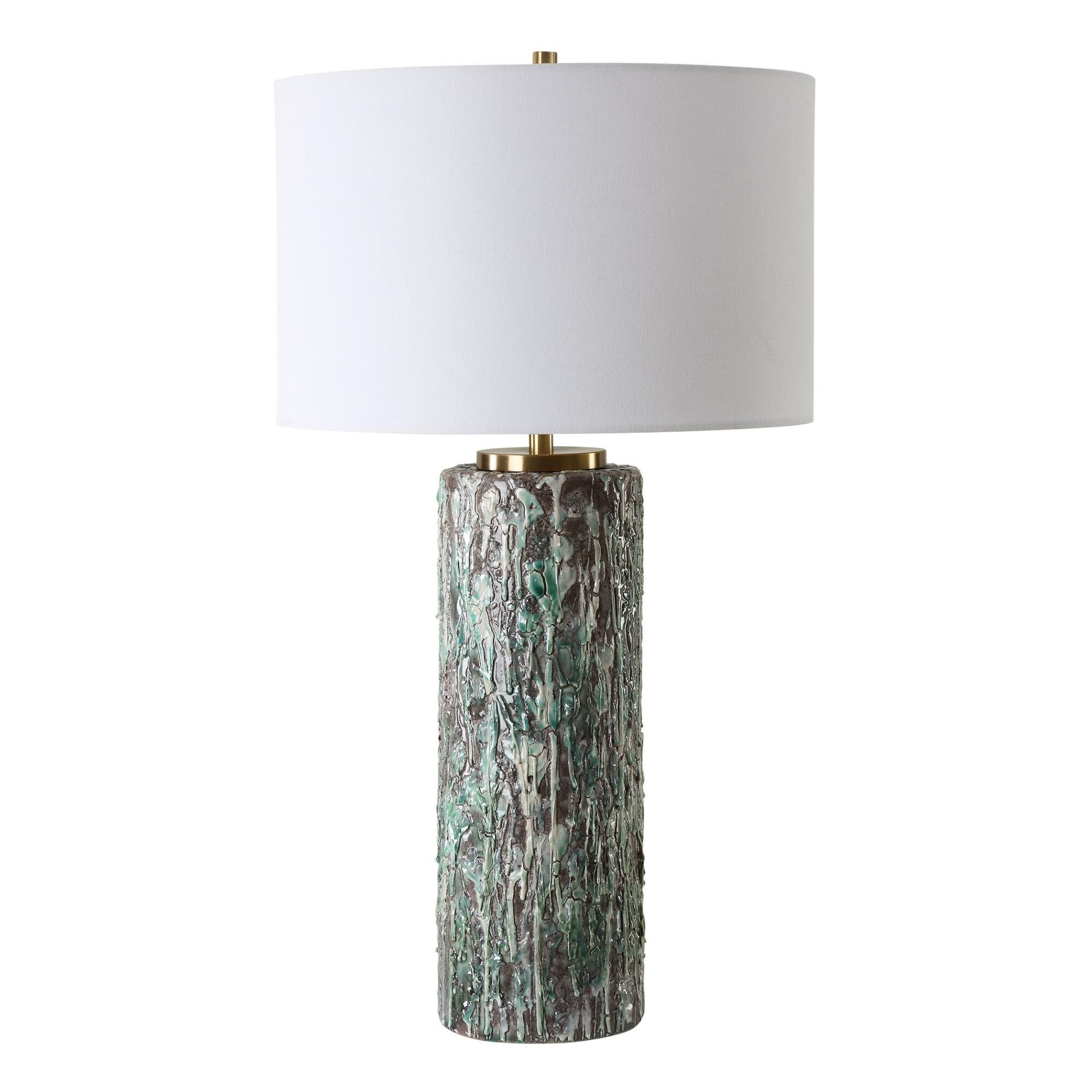 Shown in This Table Lamp Is Inspired By Abstract Forms, Featuring A Ceramic Base That Boasts A Heavily Textur finish and Round Drum Hardback shade