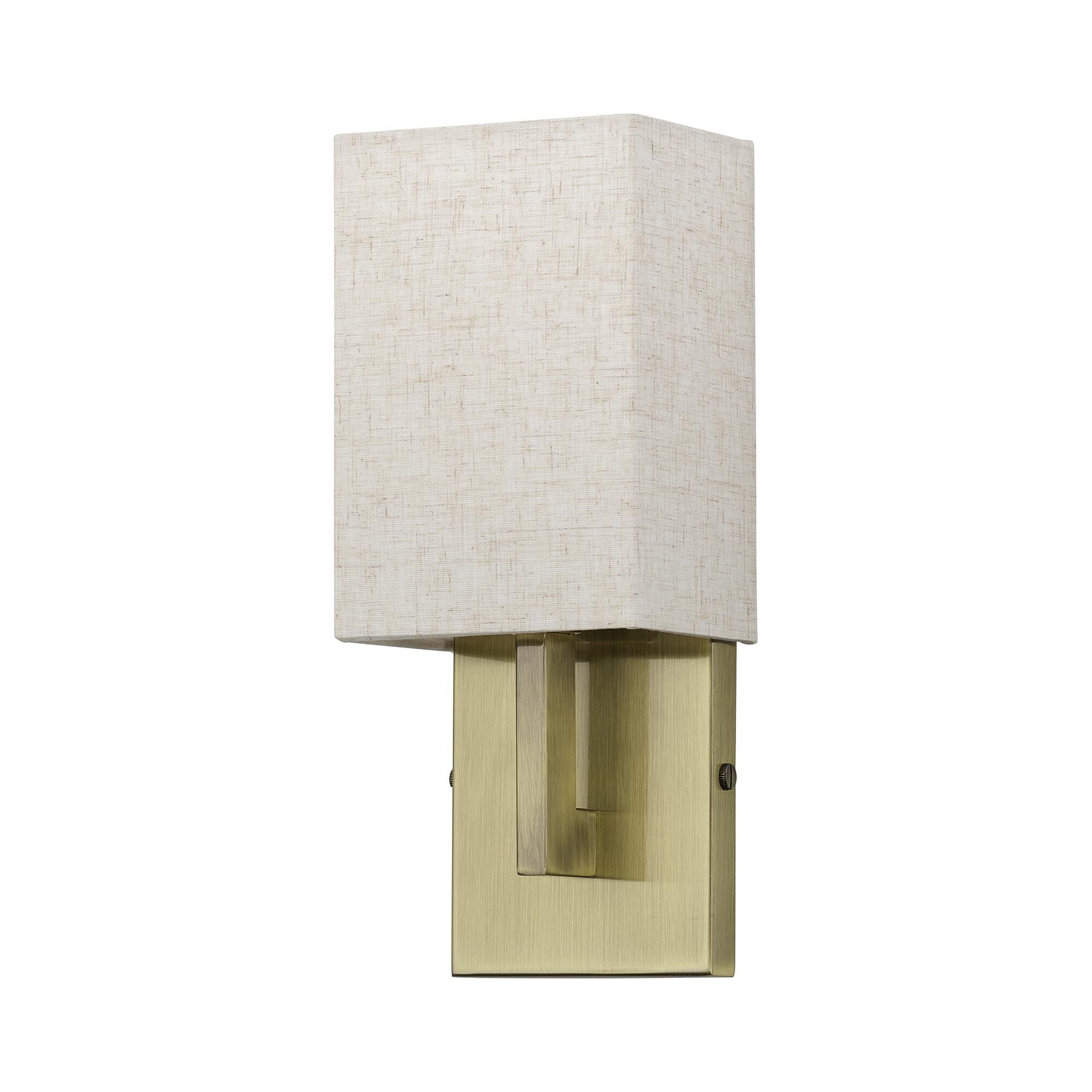 Shown in Antique Brass finish and Hand Crafted Oatmeal Color Fabric with White Color Inside shade