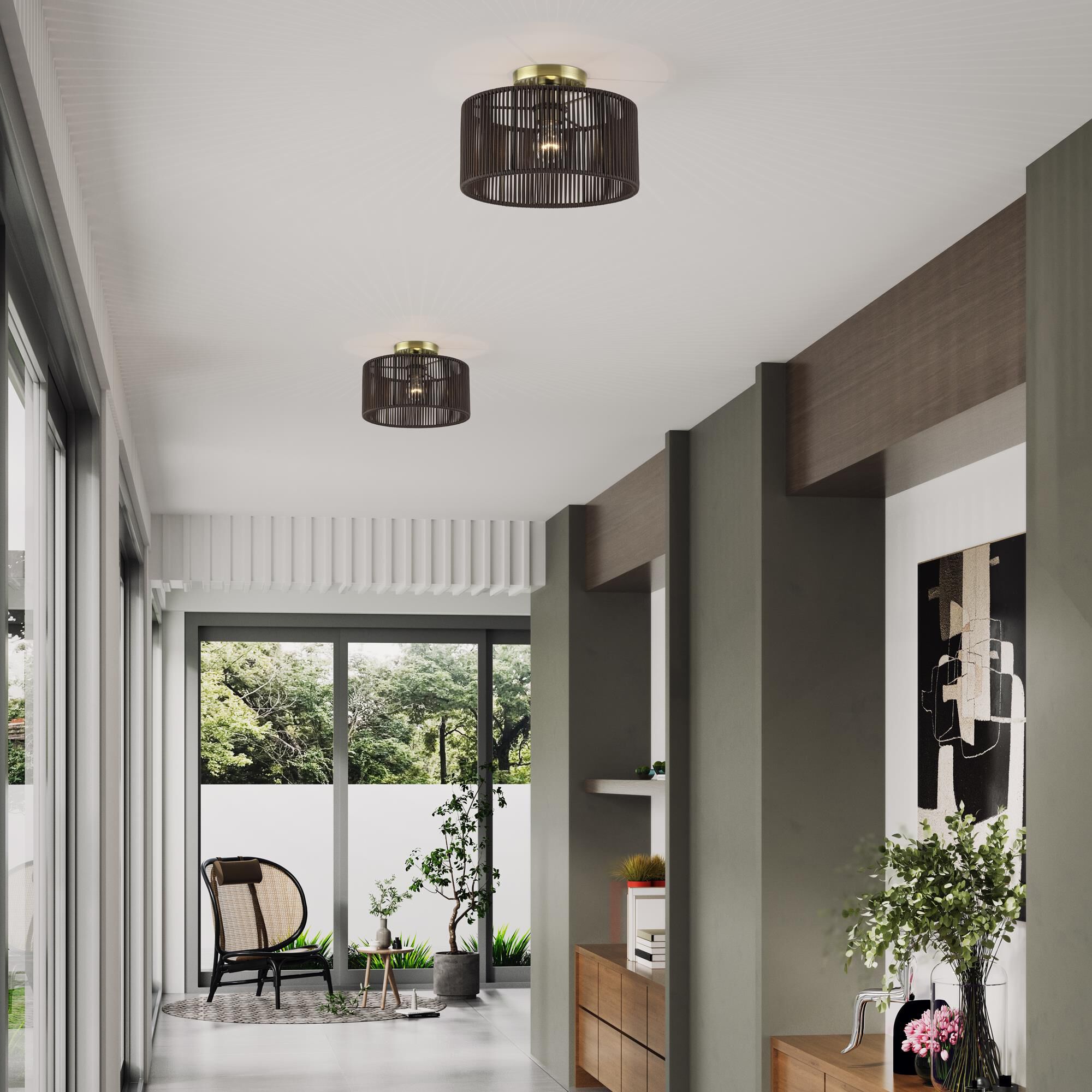 Shown in Antique Brass finish and Hand-Woven Dark Chocolate Color Polyester Rope shade