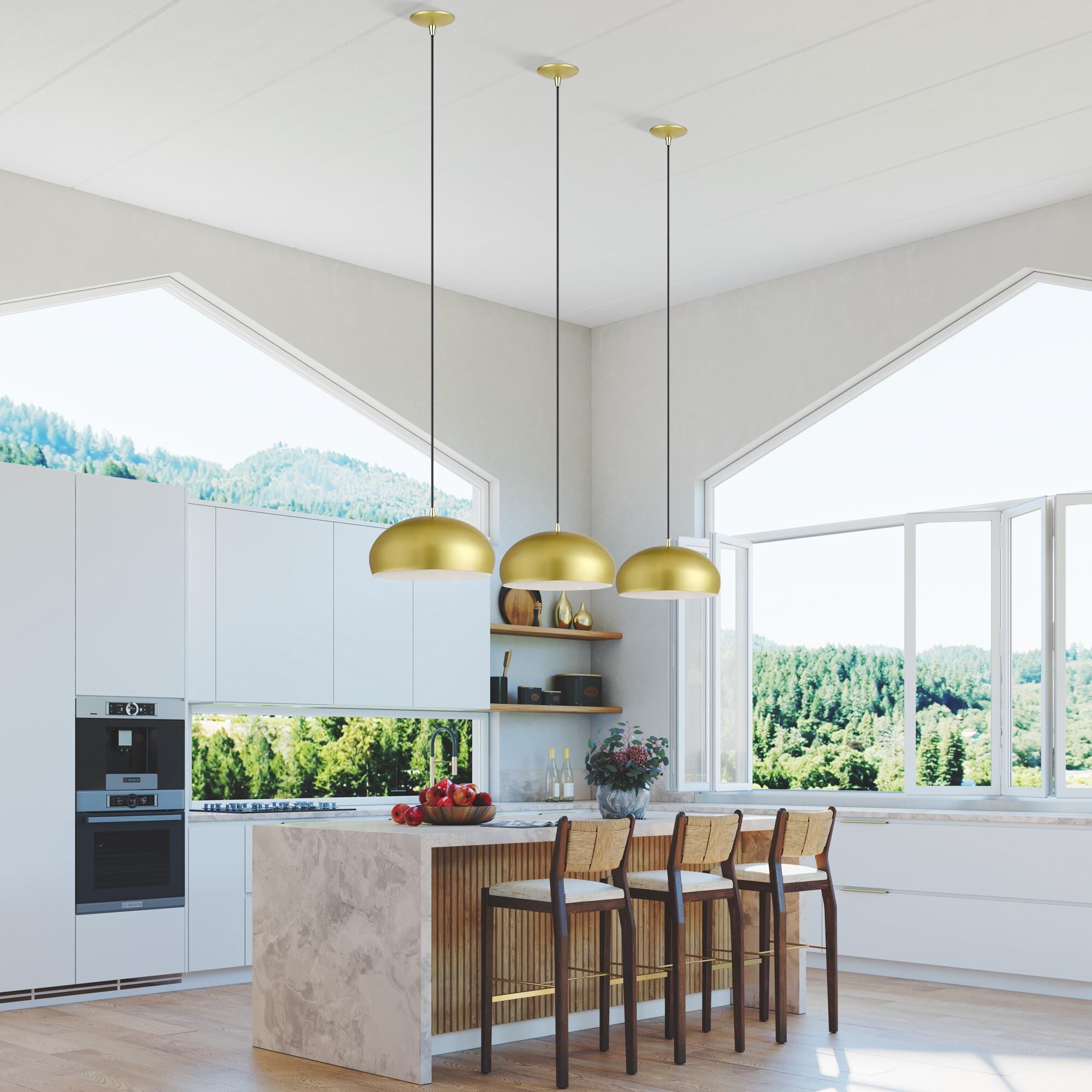 Shown in Soft Gold with Polished Brass Accents finish and Soft Gold Steel with Shiny White Inside shade