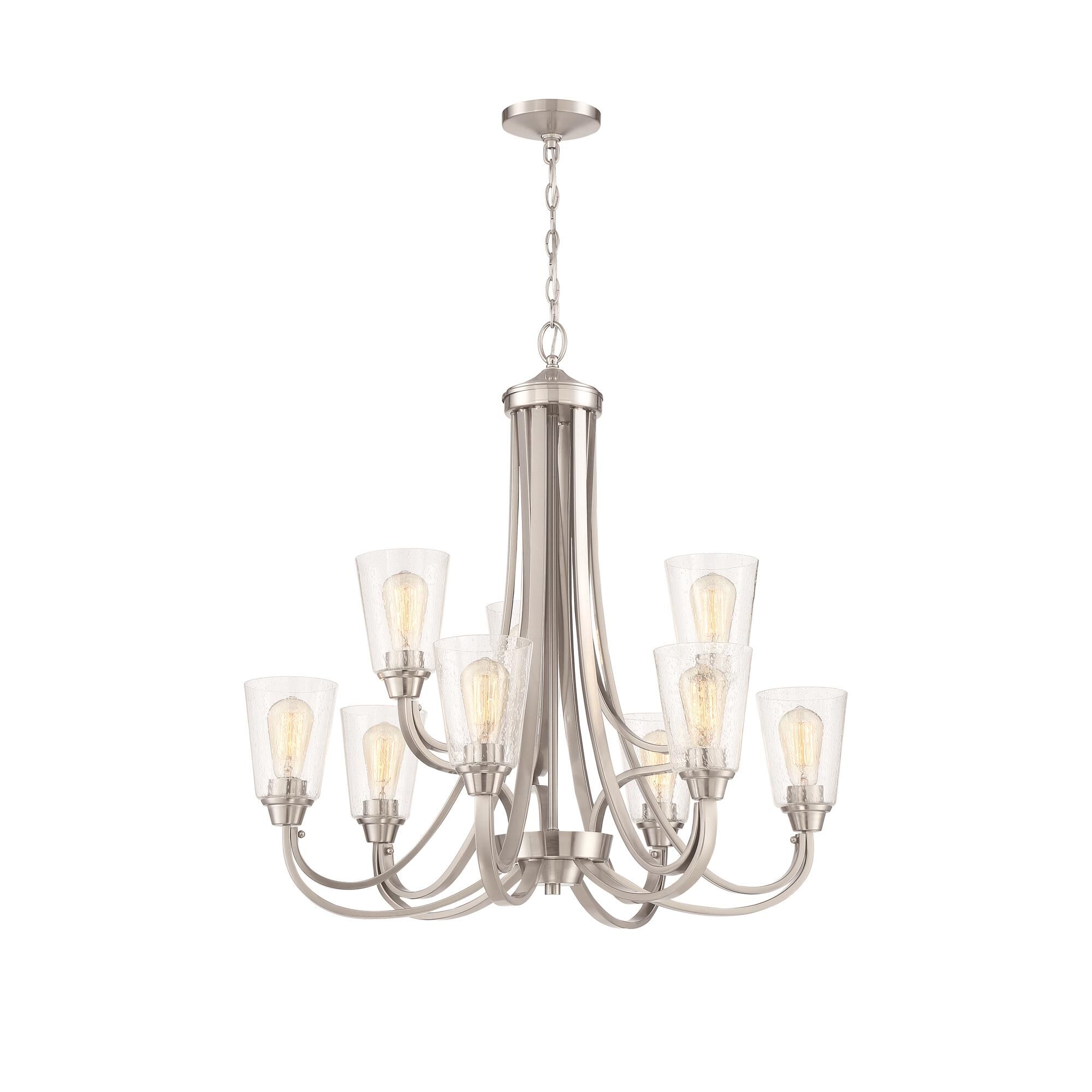 Shown in Brushed Polished Nickel finish and Clear Seeded glass and Glass shade