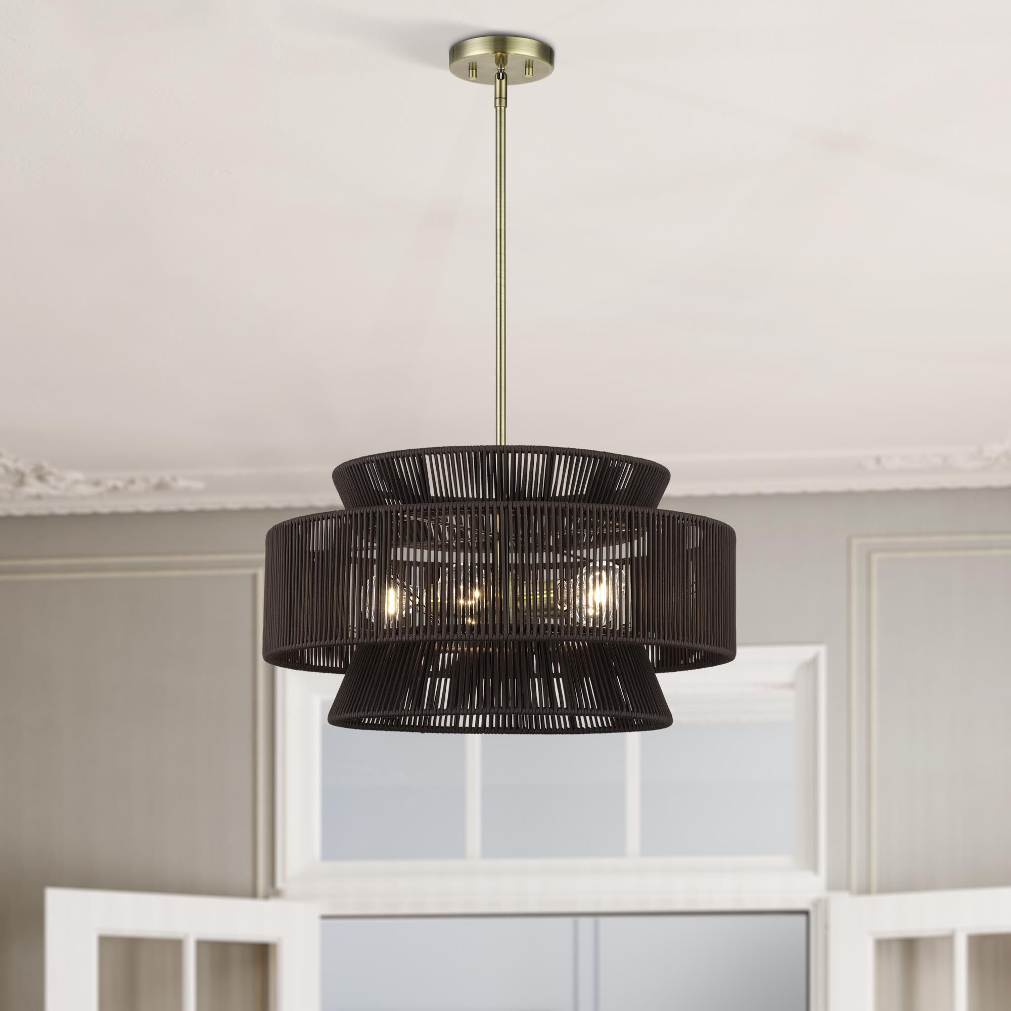 Shown in Antique Brass finish and Hand-Woven Dark Chocolate Color Polyester Rope shade