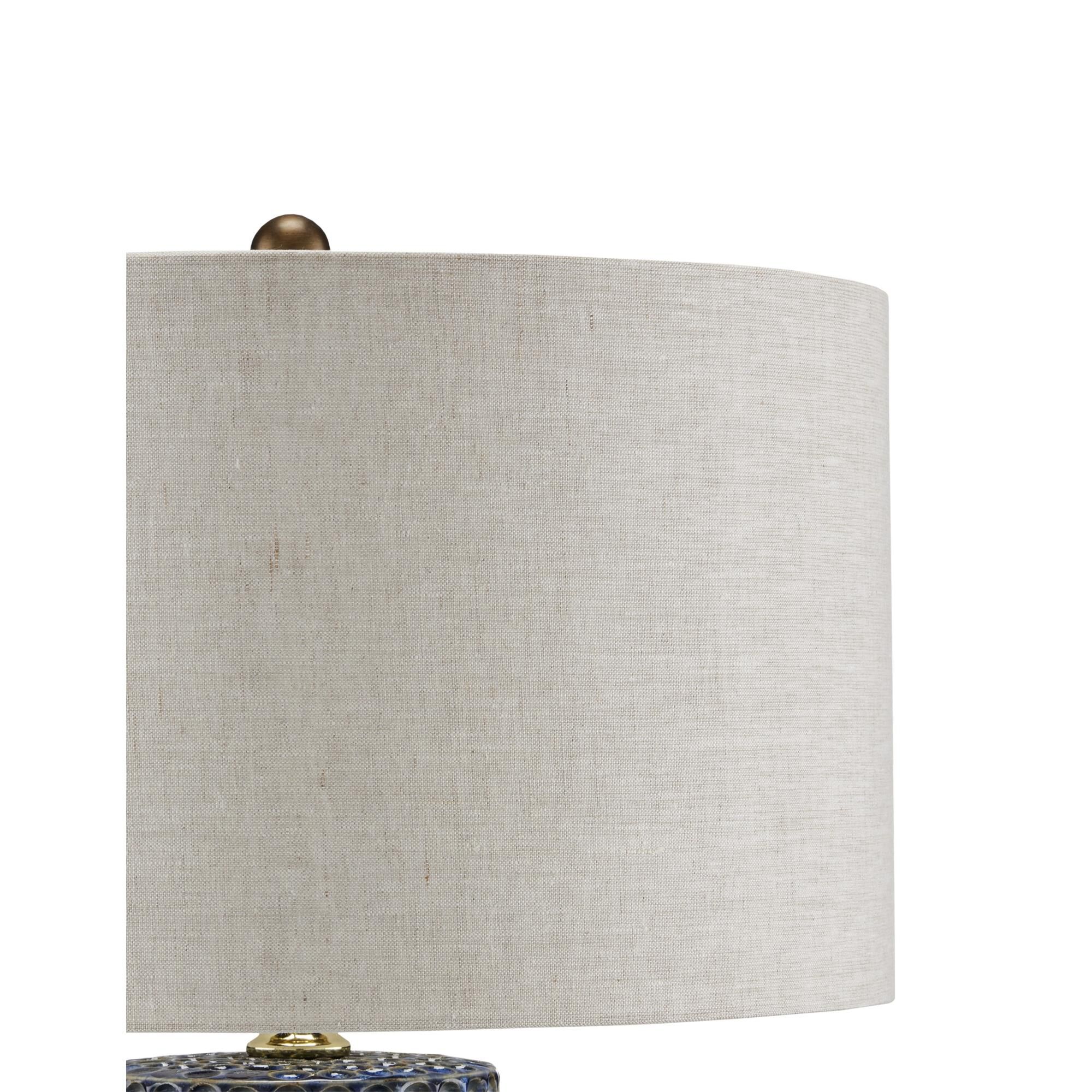 Shown in Reactive Blue/Polished Brass finish and Natural Linen shade