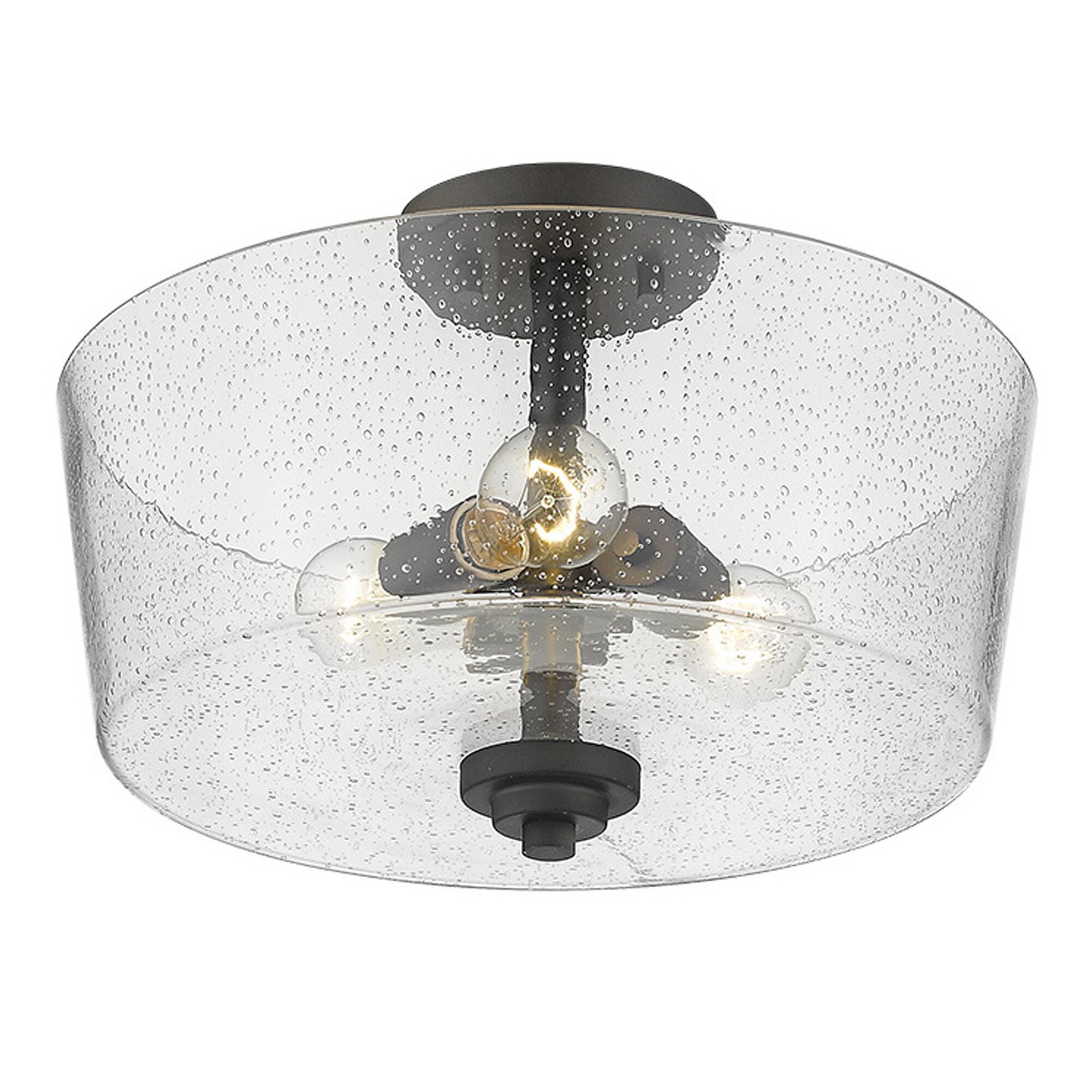 Shown in Oil-Rubbed Bronze finish and Clear glass and Clear, Seeded Drum Shaped Glass shade
