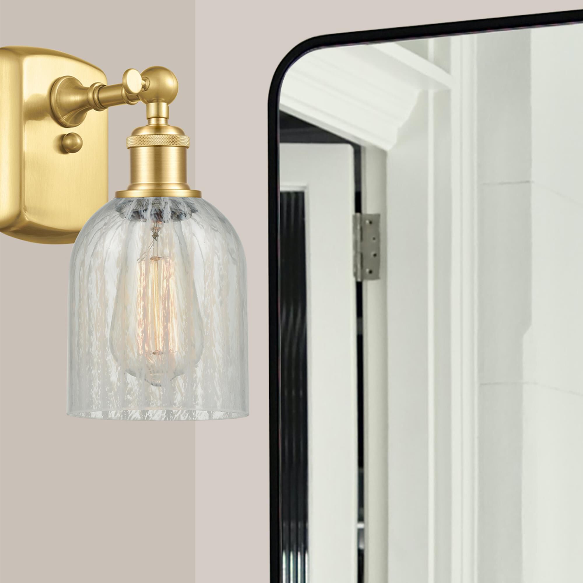 Shown in Satin Gold finish and Mouchette Caledonia glass
