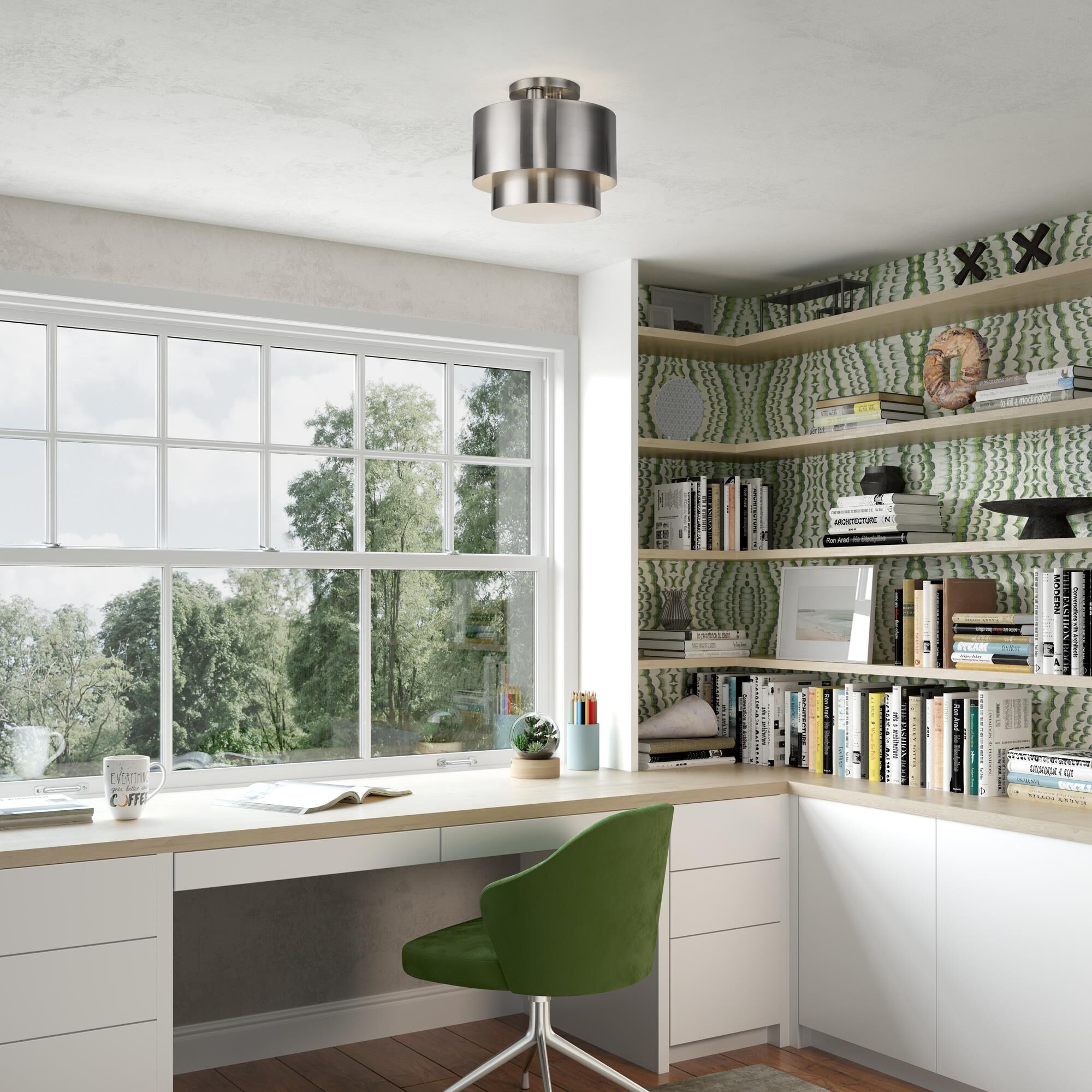 Shown in Brushed Nickel finish and Brushed Nickel Steel with Shiny White Inside shade