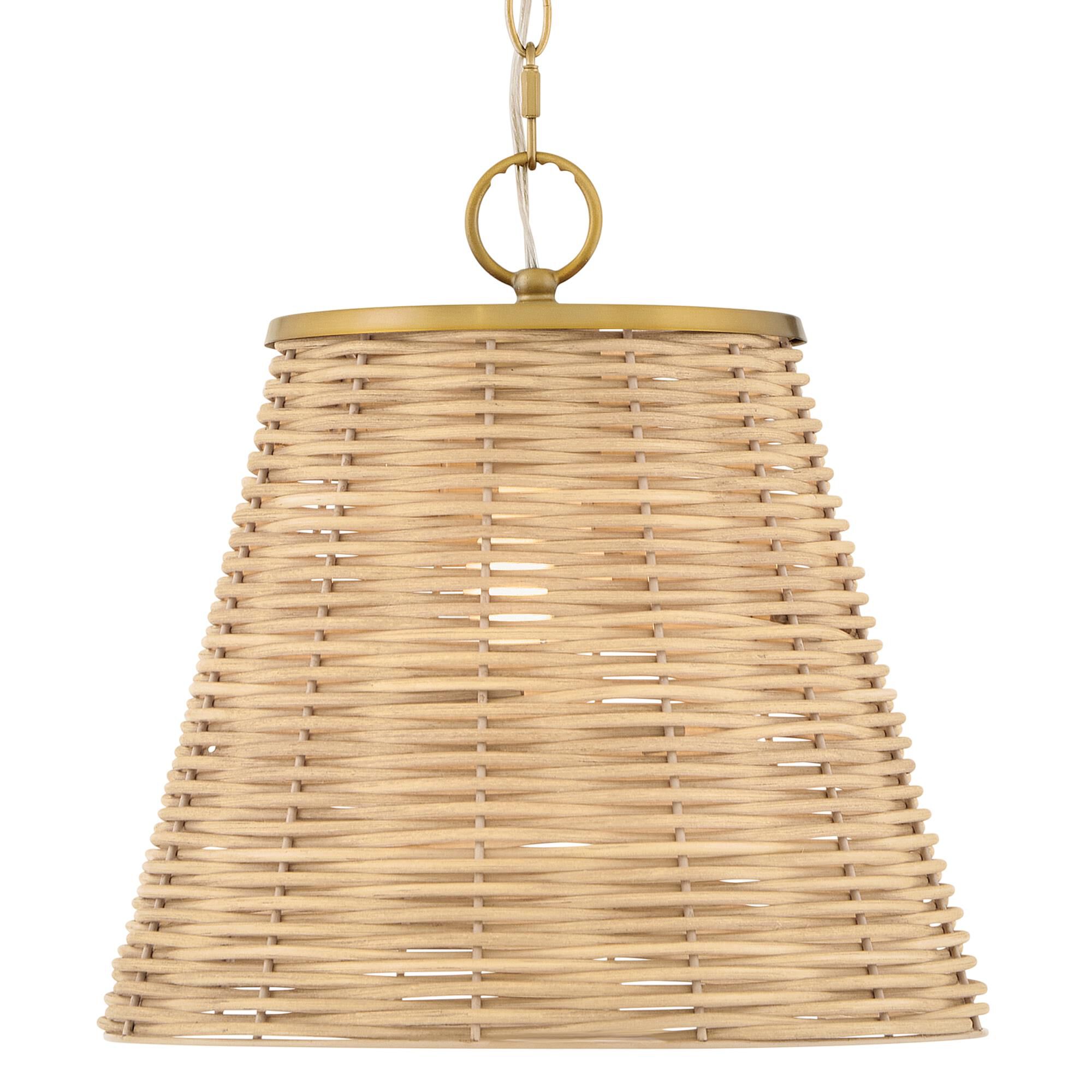 Shown in Lacquered Brass finish and Light Natural Rattan shade