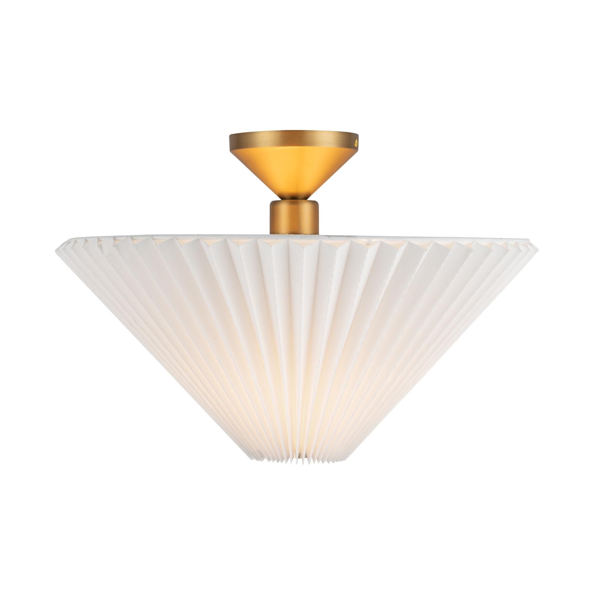 Shown in Brushed Gold finish and White Acrylic Diffuser glass and Pleated Linen shade