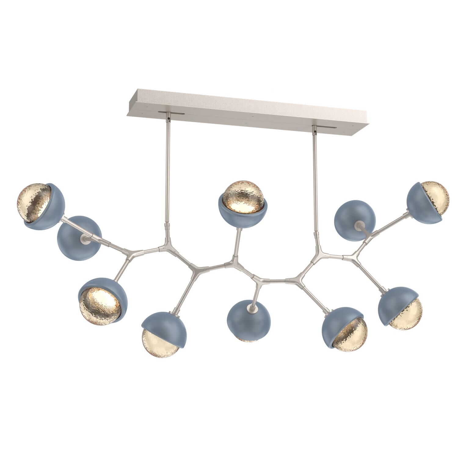 Shown in Beige Silver finish and Amber glass and Poppy Blue accent