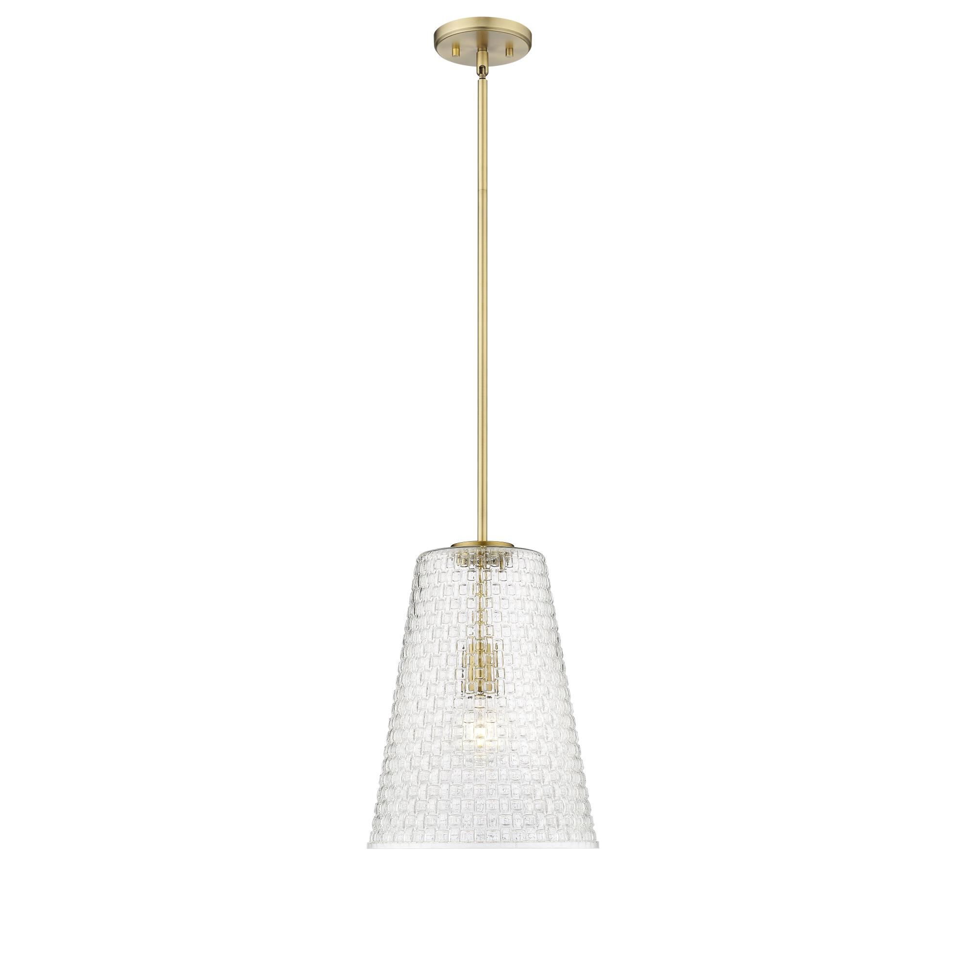 Shown in Vintage Brass finish and Clear Woven Lattice glass