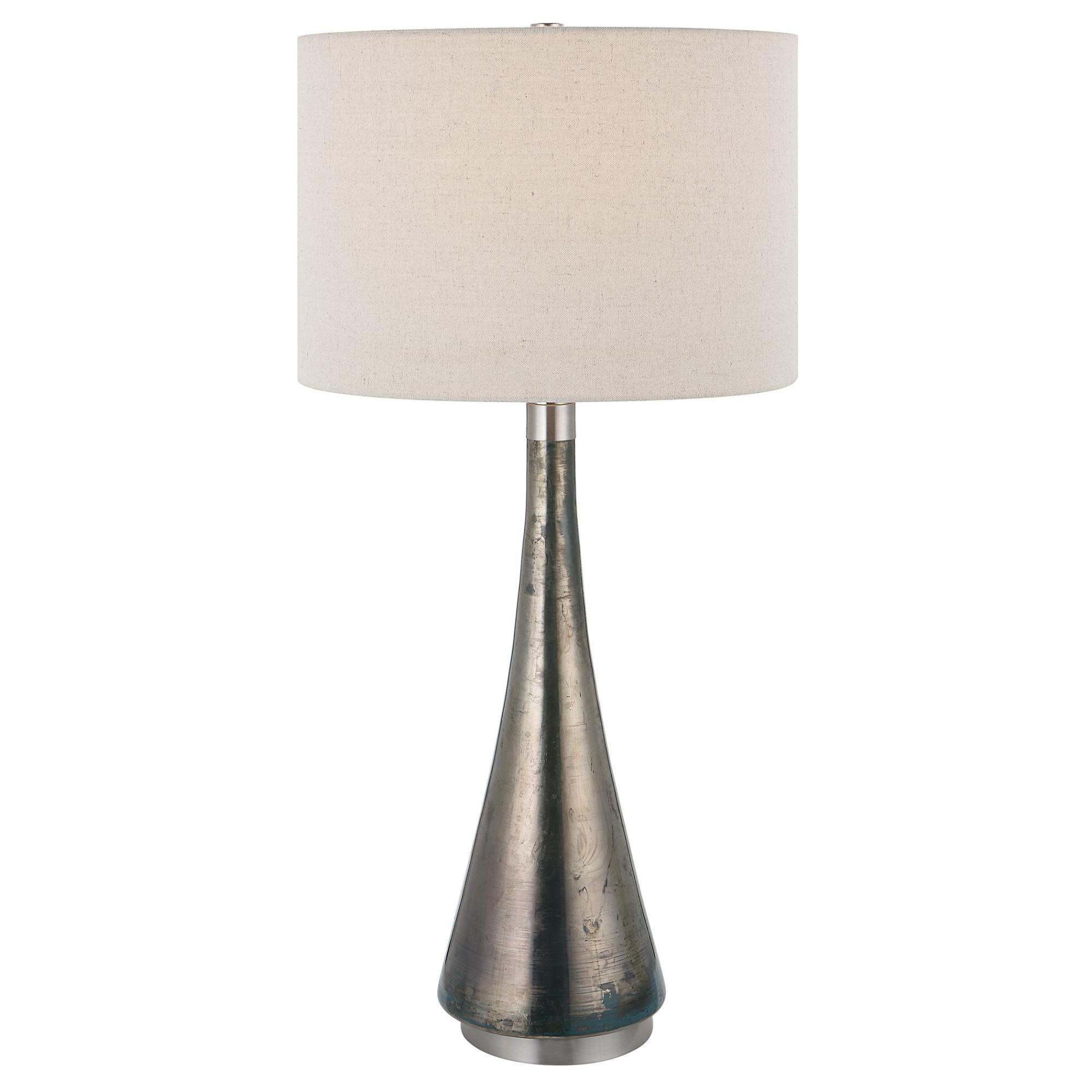 Shown in This Table Lamp Features A Graceful Tapered Base Crafted From Artisanal Blue-Green Metallic Glass. I finish and Round Hardback Drum shade