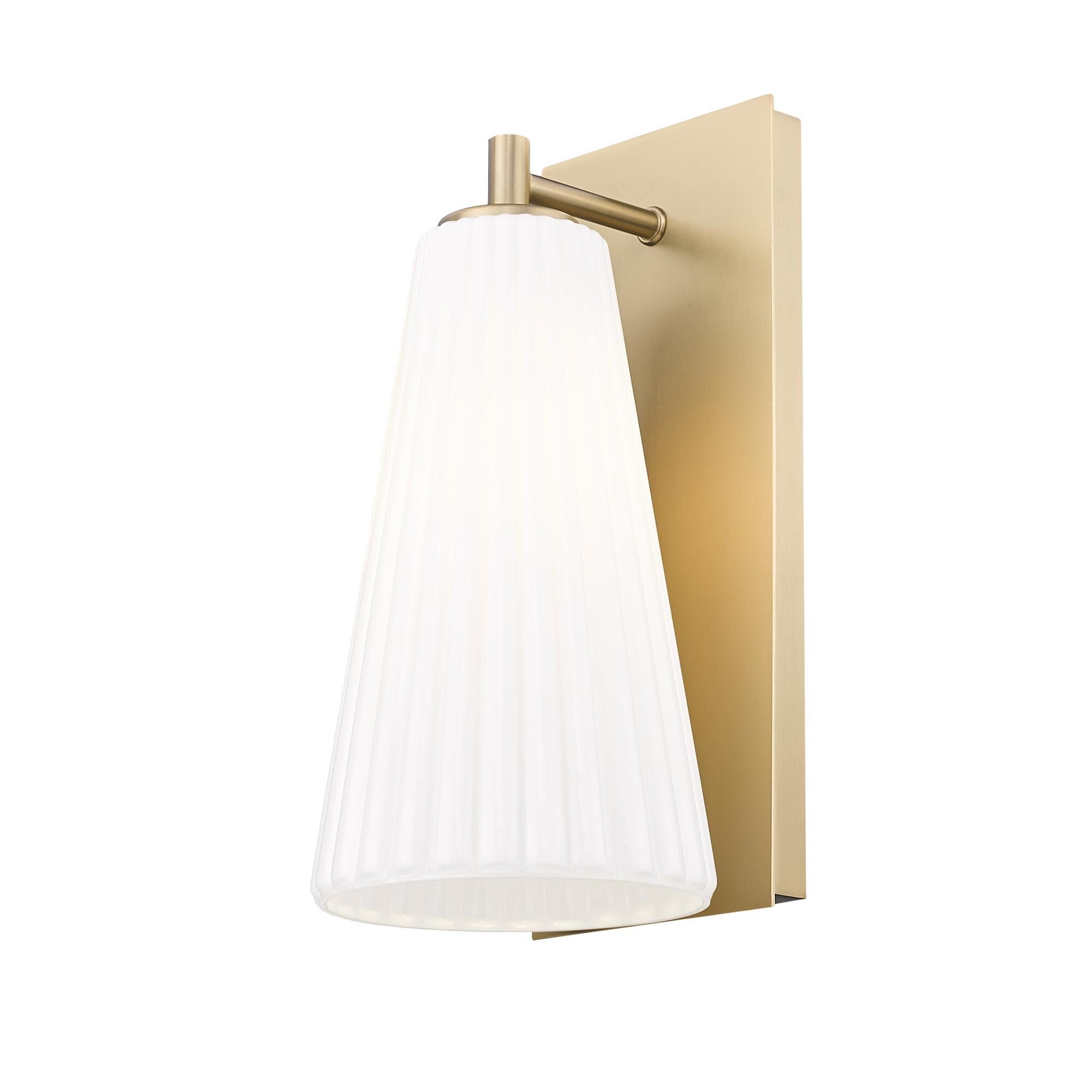 Shown in Modern Gold finish and White glass and White shade