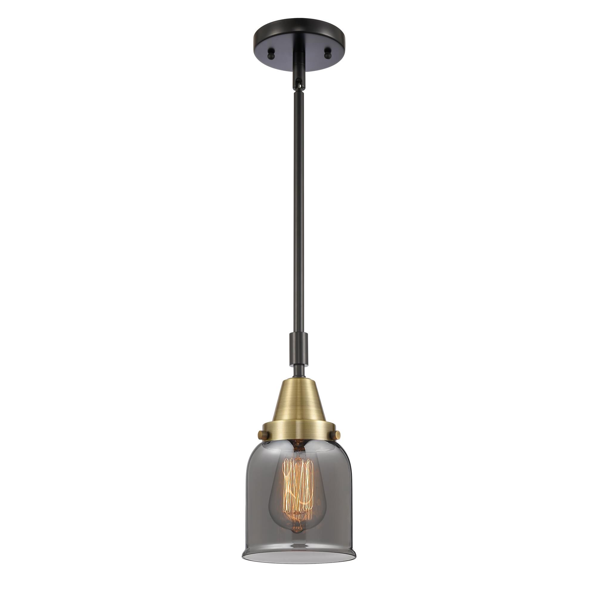 Shown in Black Antique Brass finish and Plated Smoke Small Bell glass