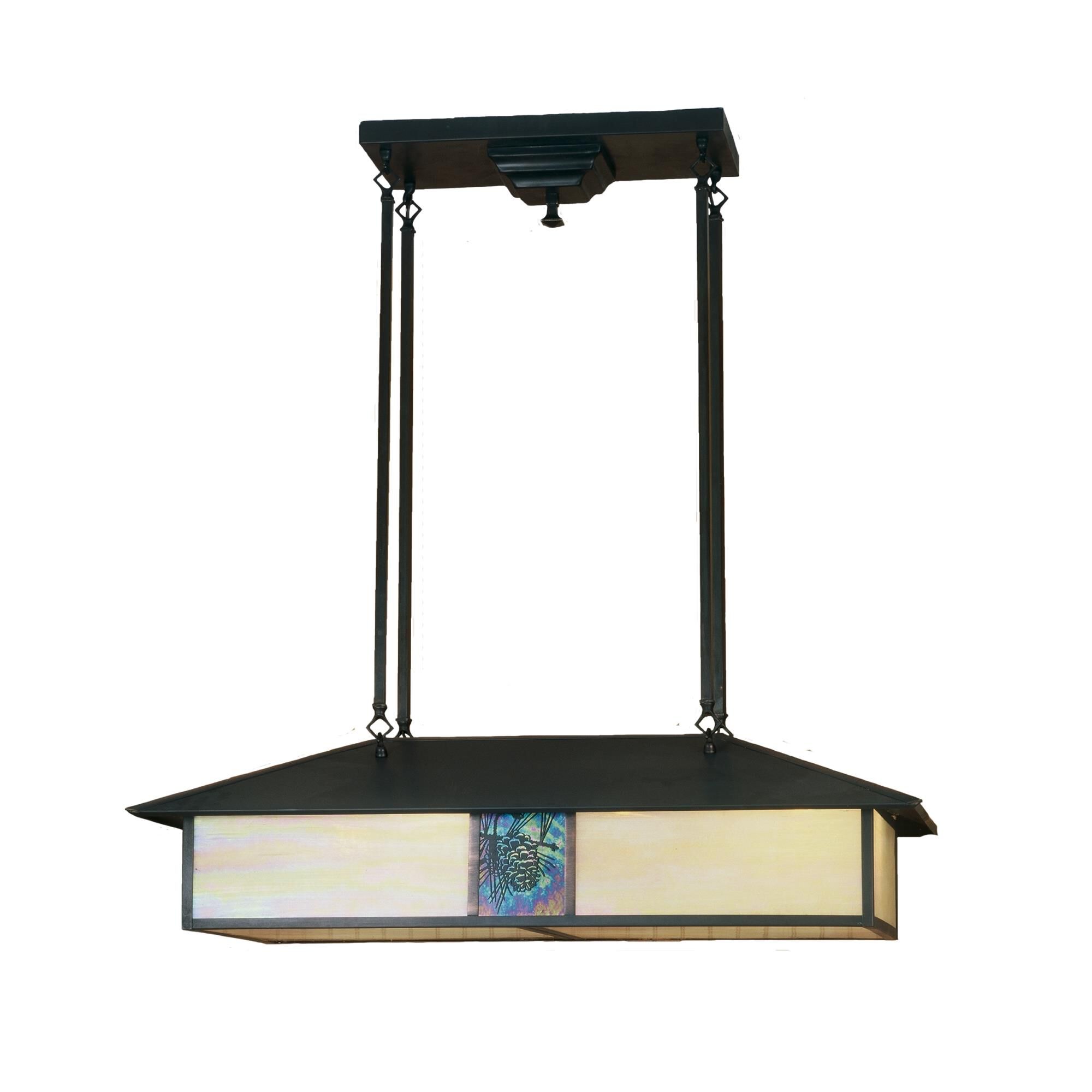 Shown in Craftsman Brown finish and Beige-Emerald Iridized glass