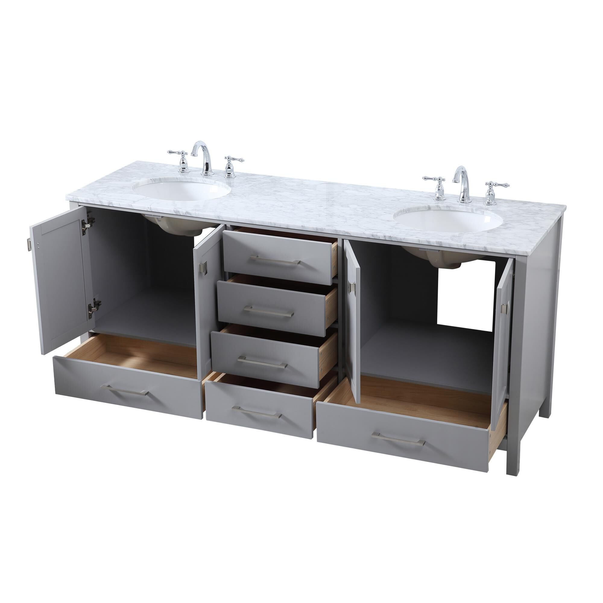 Shown in Gray And Brushed Nickel With Carrara White Marble finish