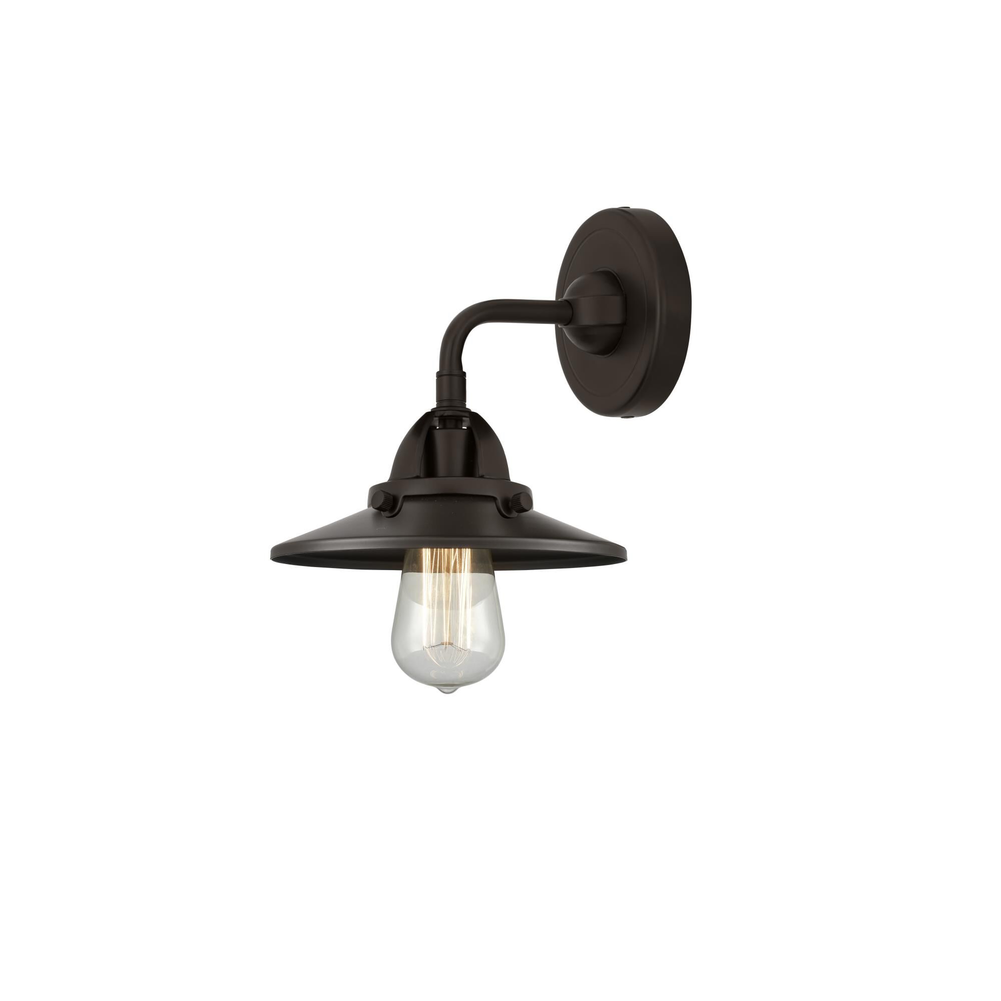 Shown in Oil Rubbed Bronze finish and No Glass glass and Oil Rubbed Bronze Railroad shade