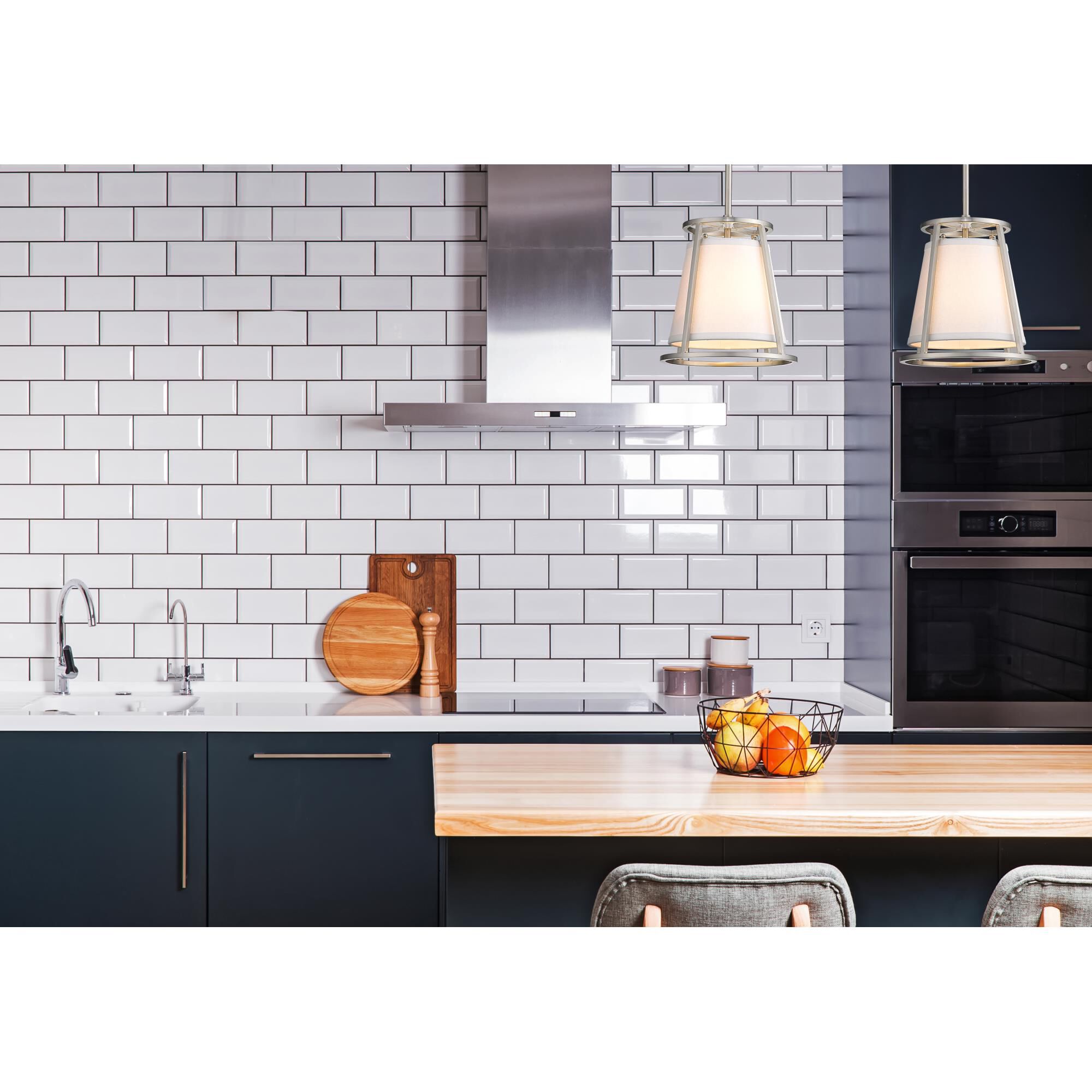 Shown in Brushed Nickel finish and Fabric glass and Fabric shade