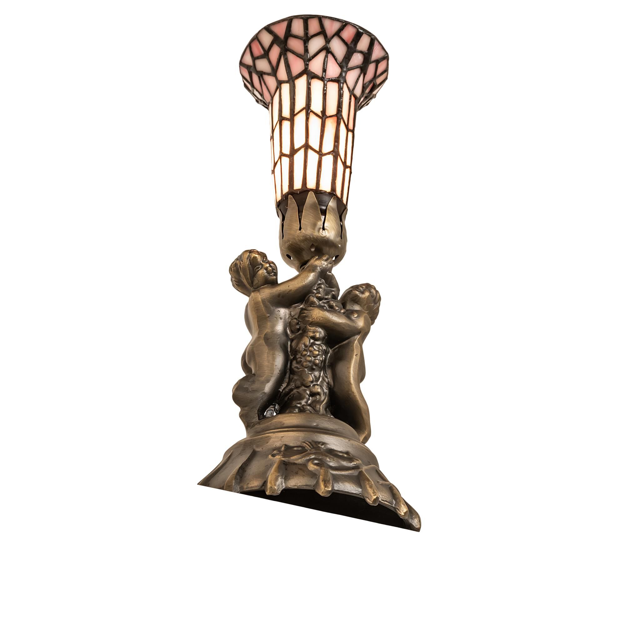 Shown in Antique Brass finish and Pink glass