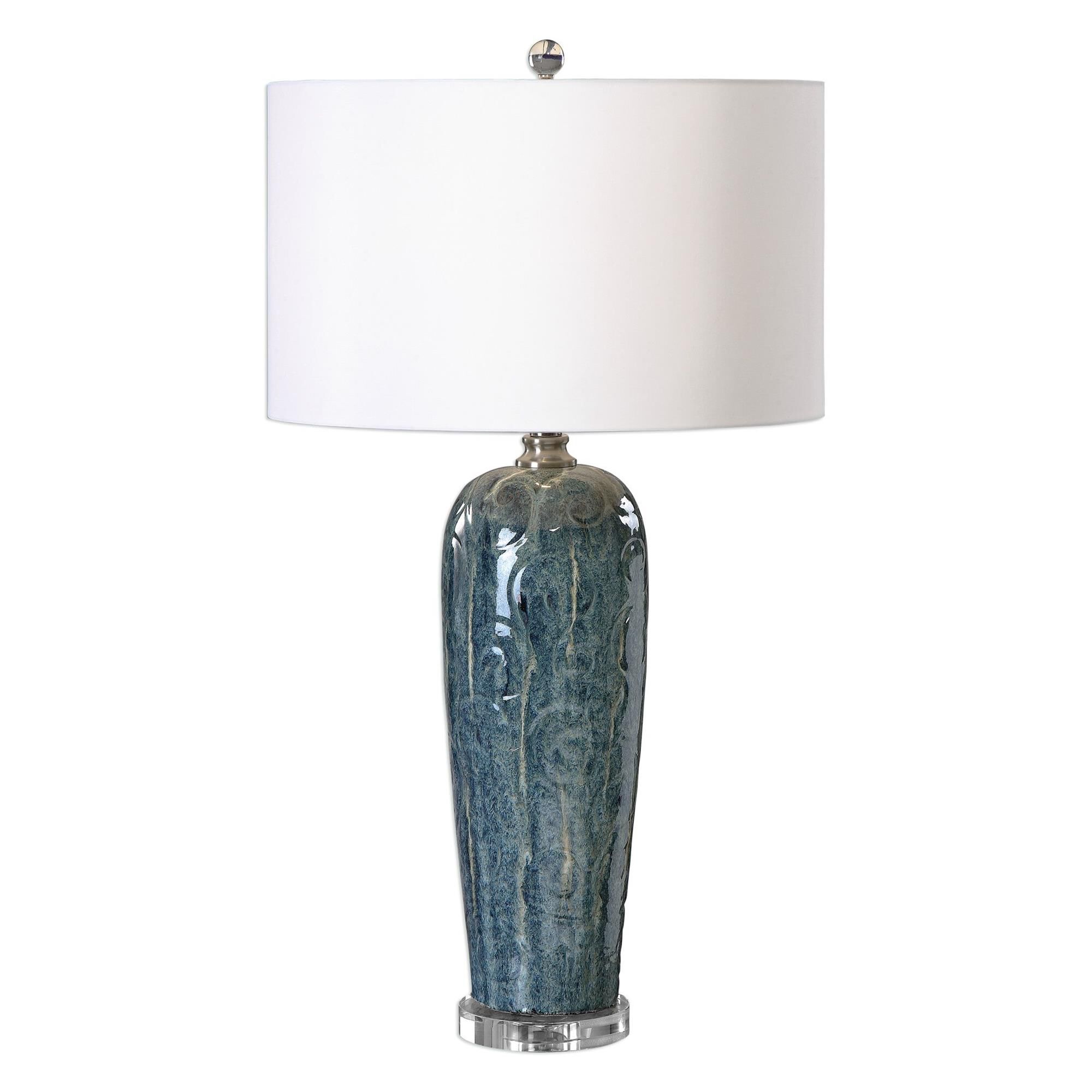 Shown in Heathered Blue Ceramic-Silver Ivory Highlights And Rust Undertones finish and White Linen Fabric shade
