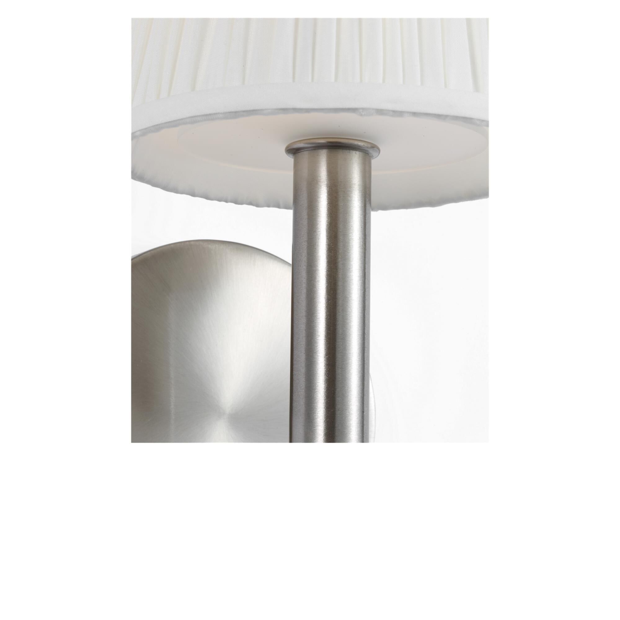 Shown in Brushed Nickel finish and Mushroom Pleat Fabric shade