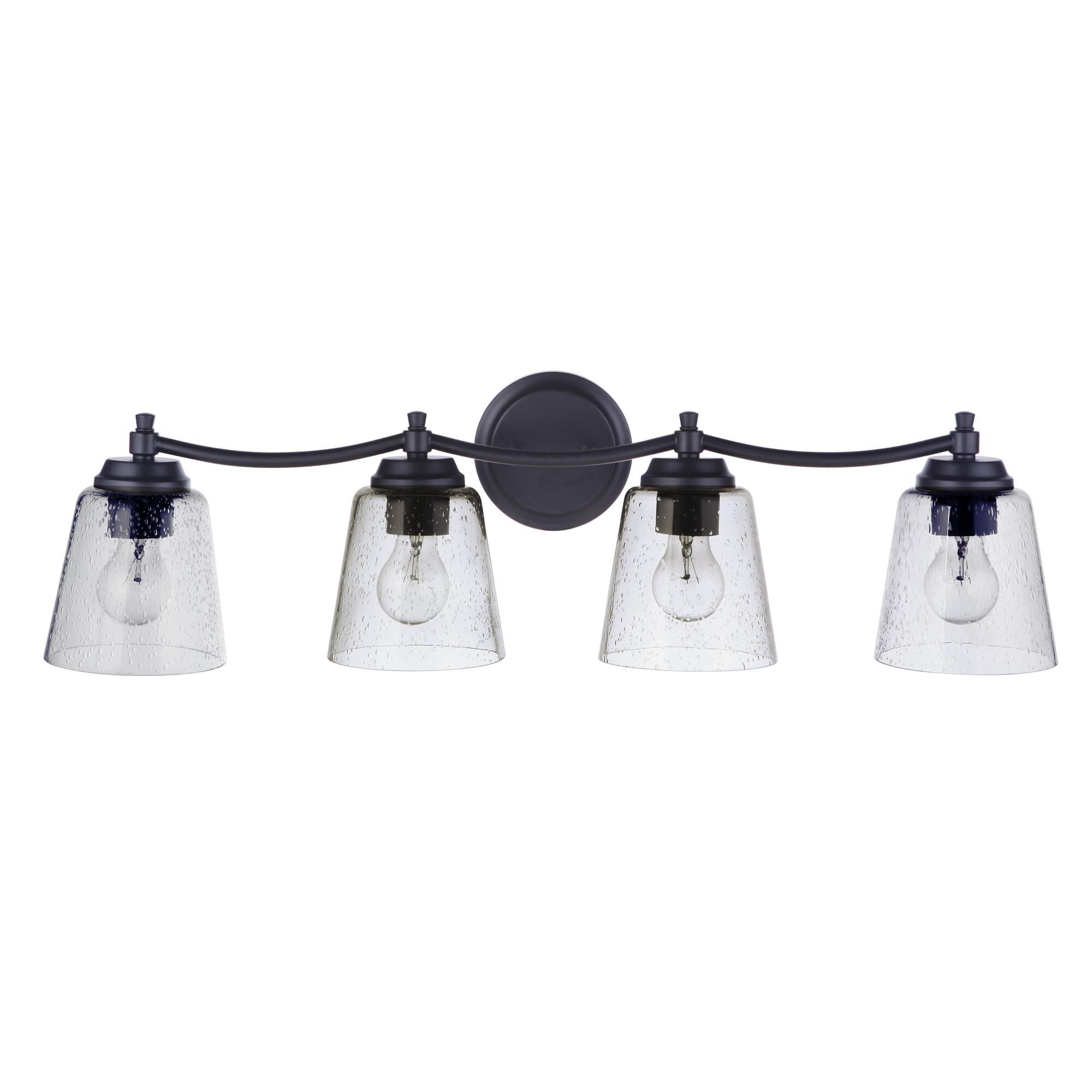 Shown in Flat Black finish and Clear Seeded glass and Glass shade