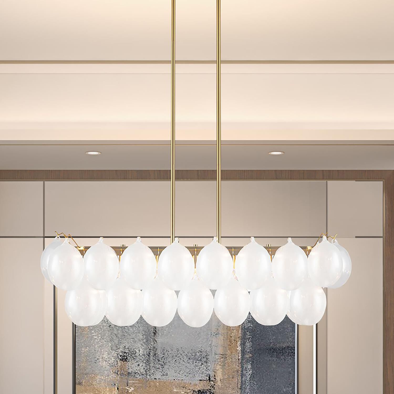 Shown in Brass finish and Iridescent glass