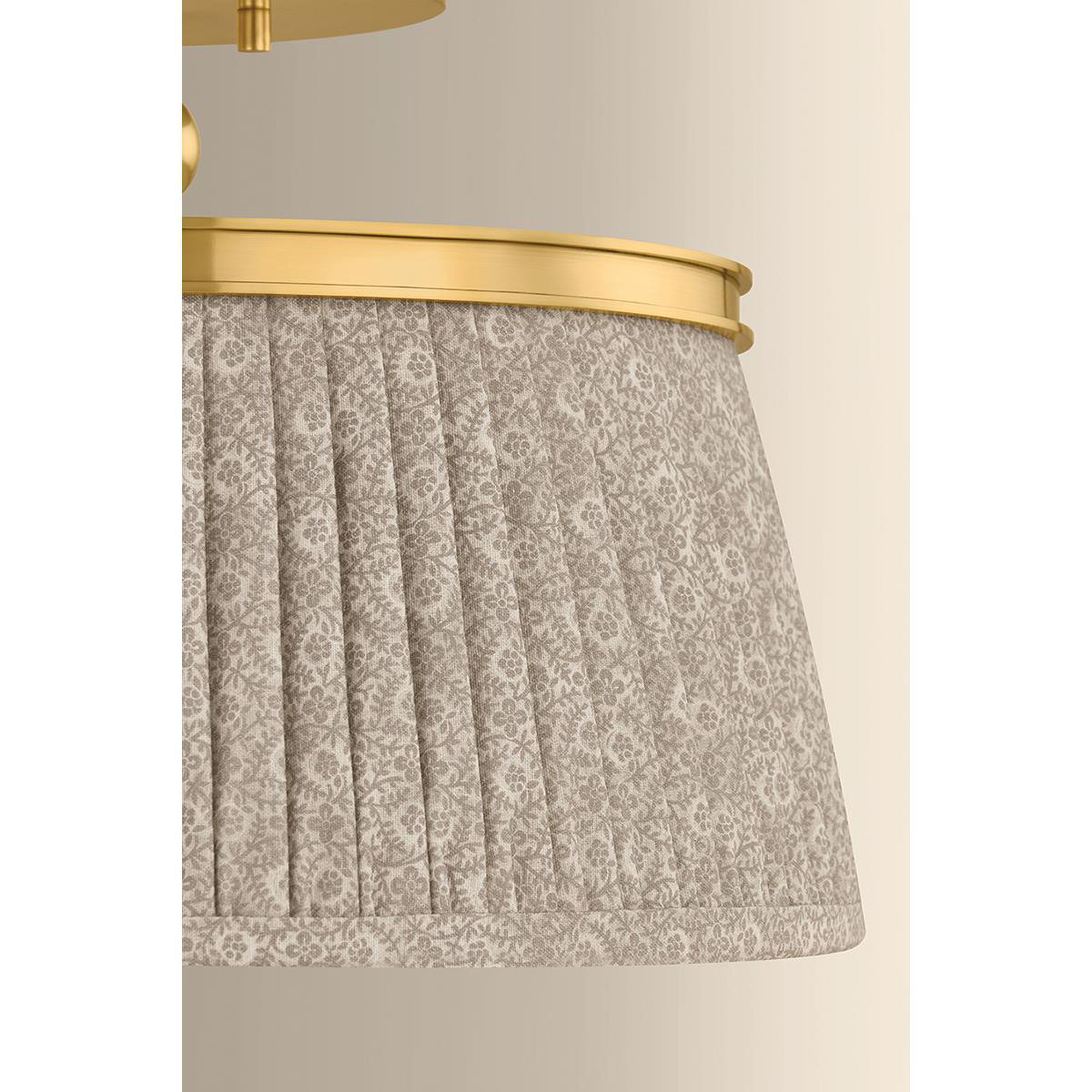 Shown in Aged Brass finish and Gathered Printed Cotton shade