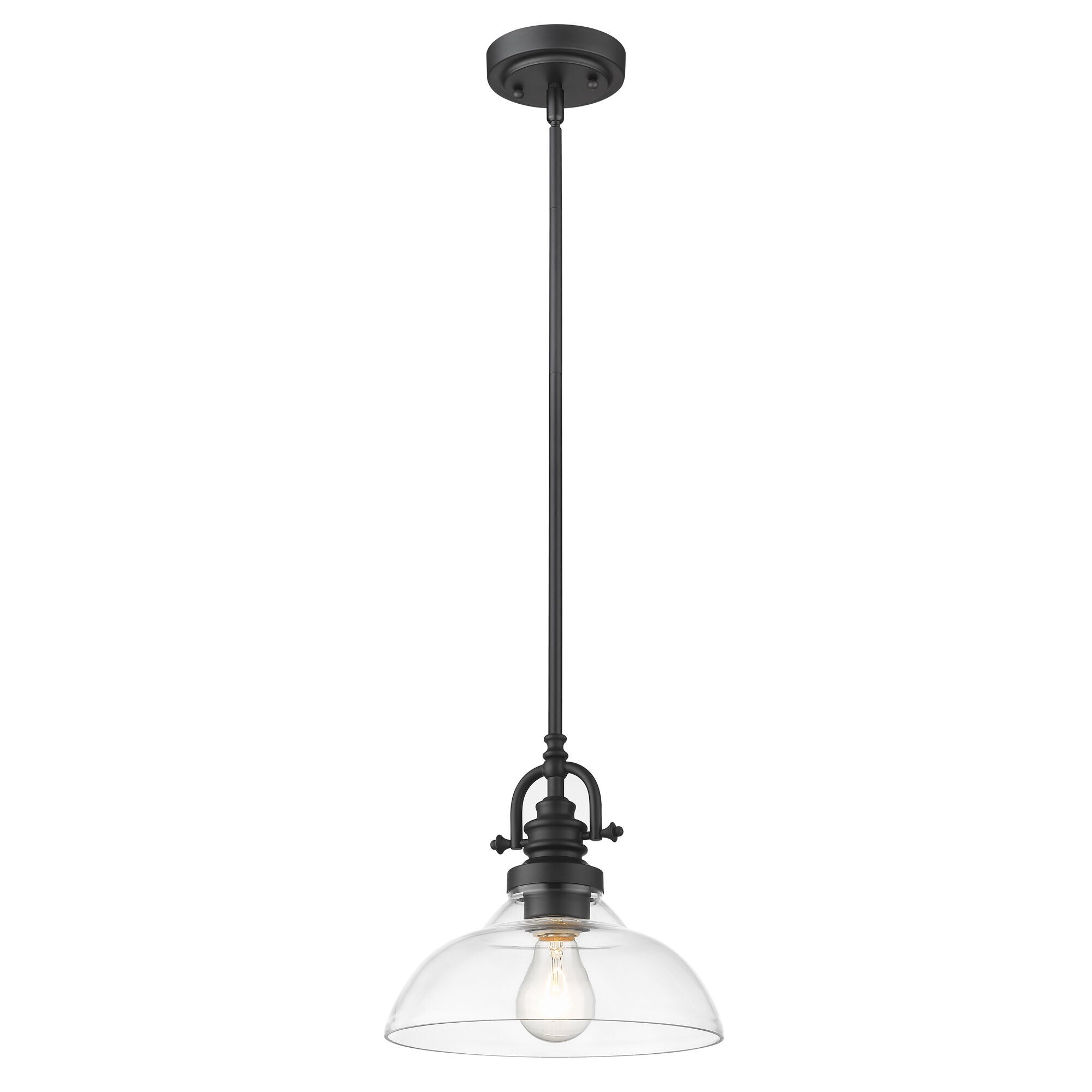Shown in Matte Black finish and Clear glass and Clear Glass Dome Shaped shade