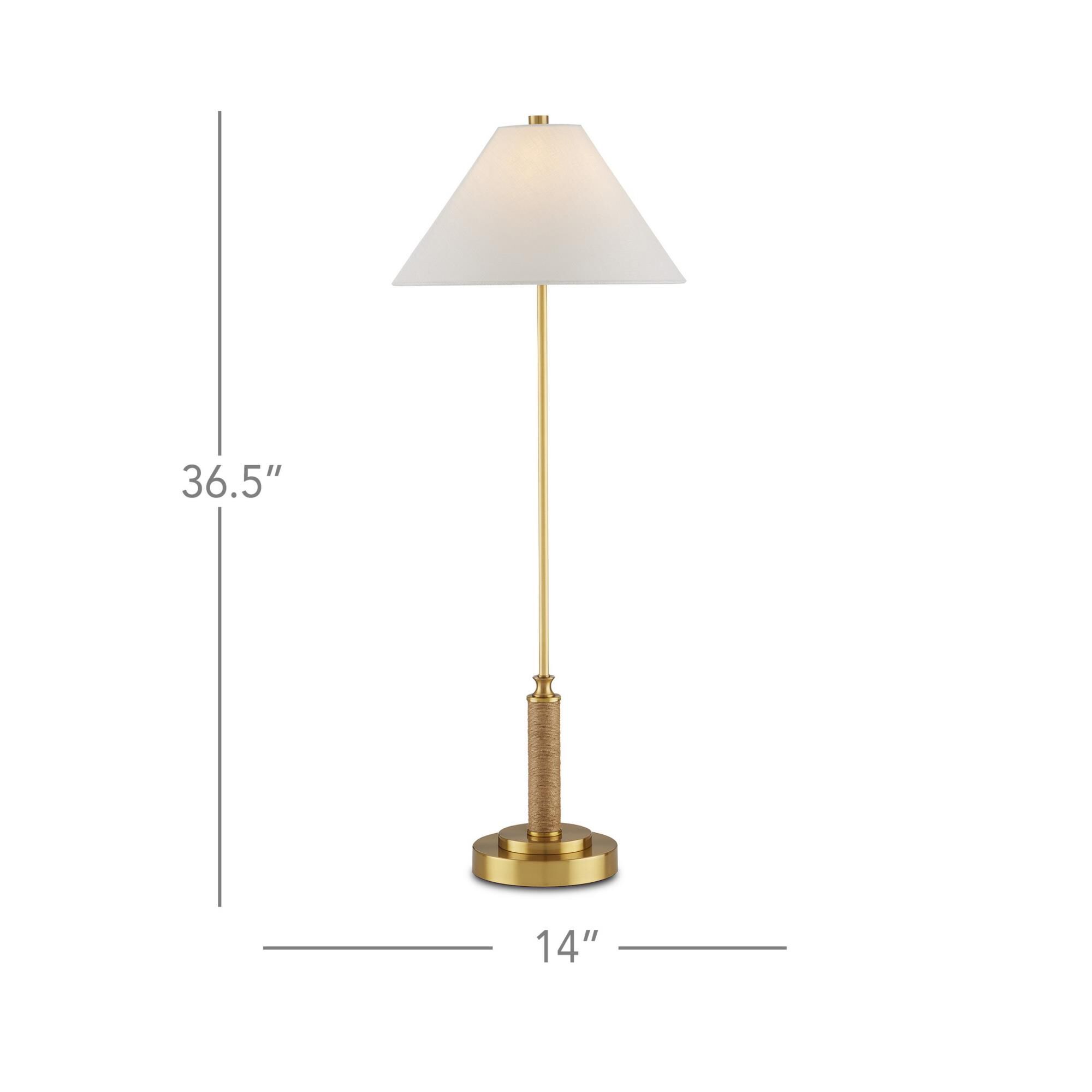 Shown in Antique Brass/Natural finish and Off-White Linen shade
