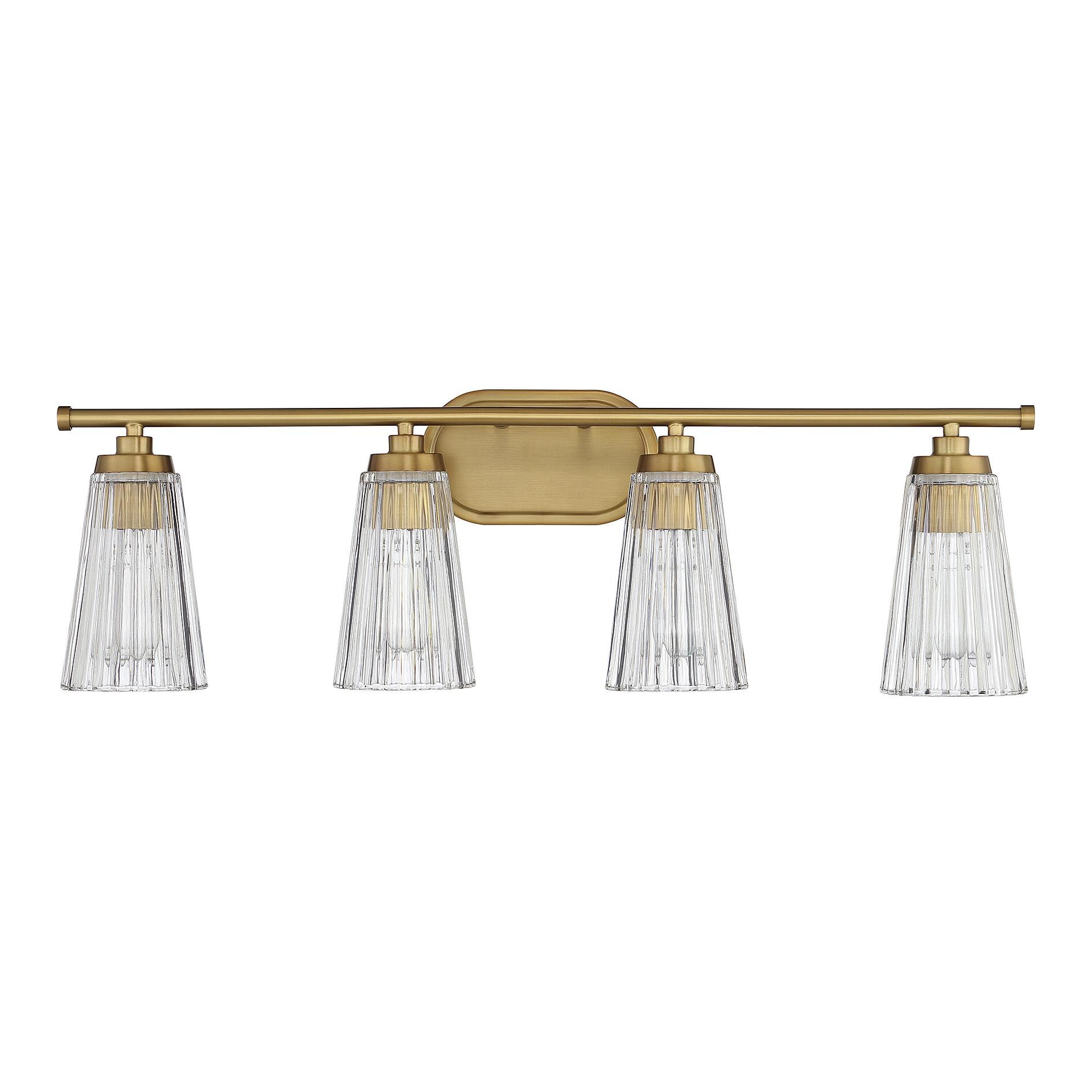Shown in Warm Brass finish and Clear Ribbed glass and Glass shade