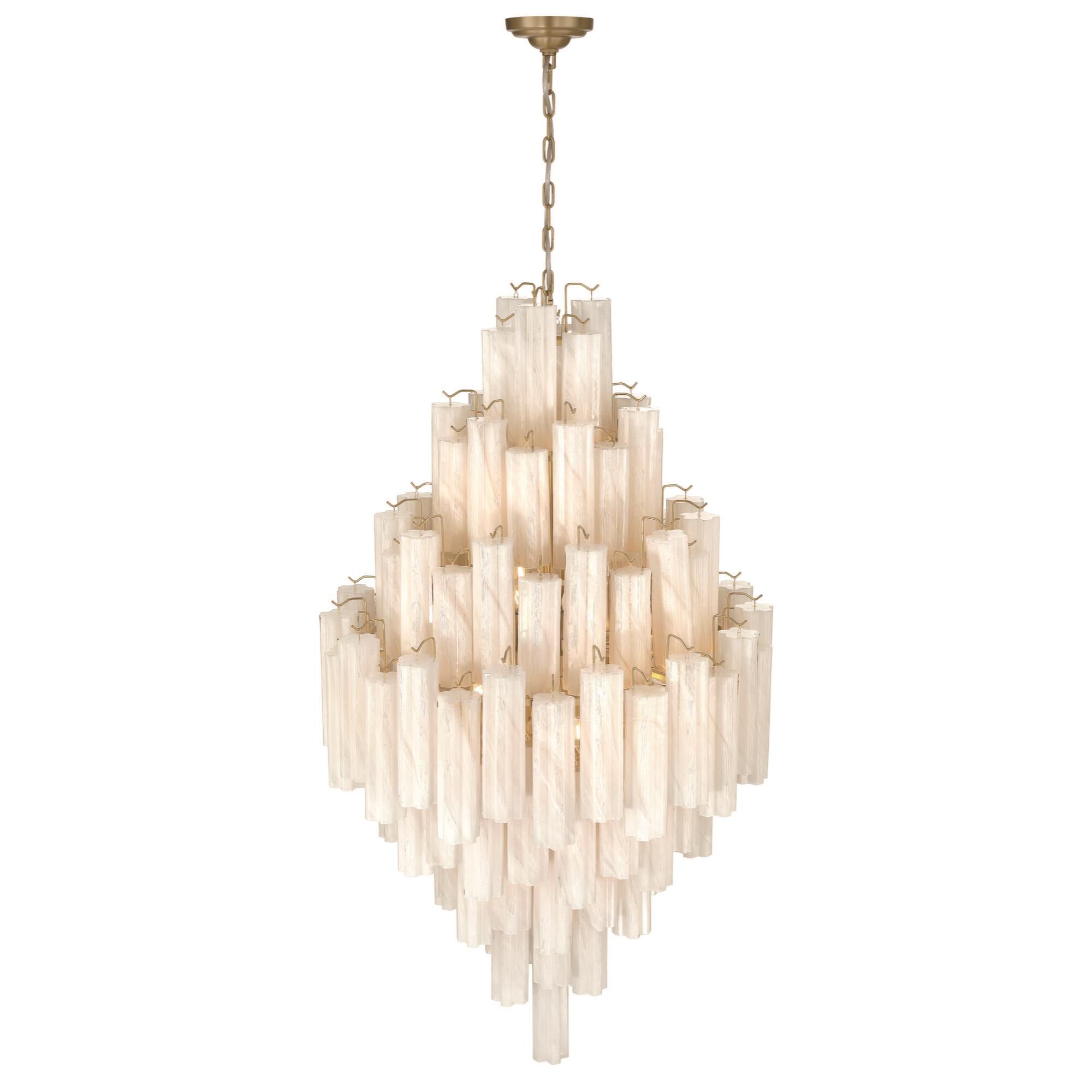 Shown in Brushed Brass finish and Wispy White Tronchi glass