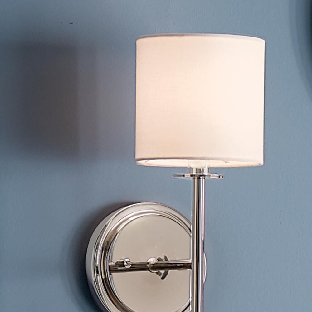 Shown in Polished Nickel finish and Fabric and Drum shade