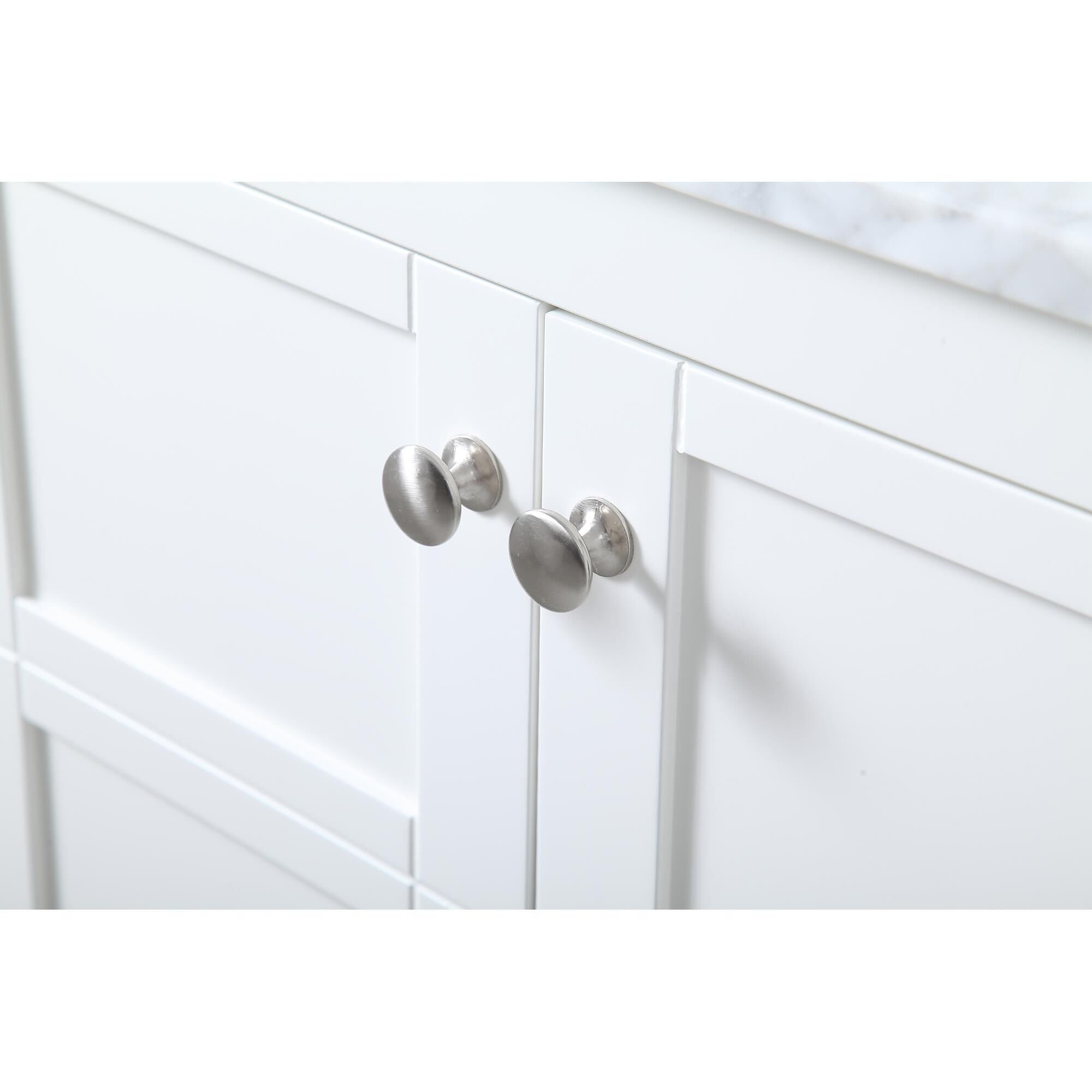 Shown in White And Brushed Nickel With Carrara White Marble finish