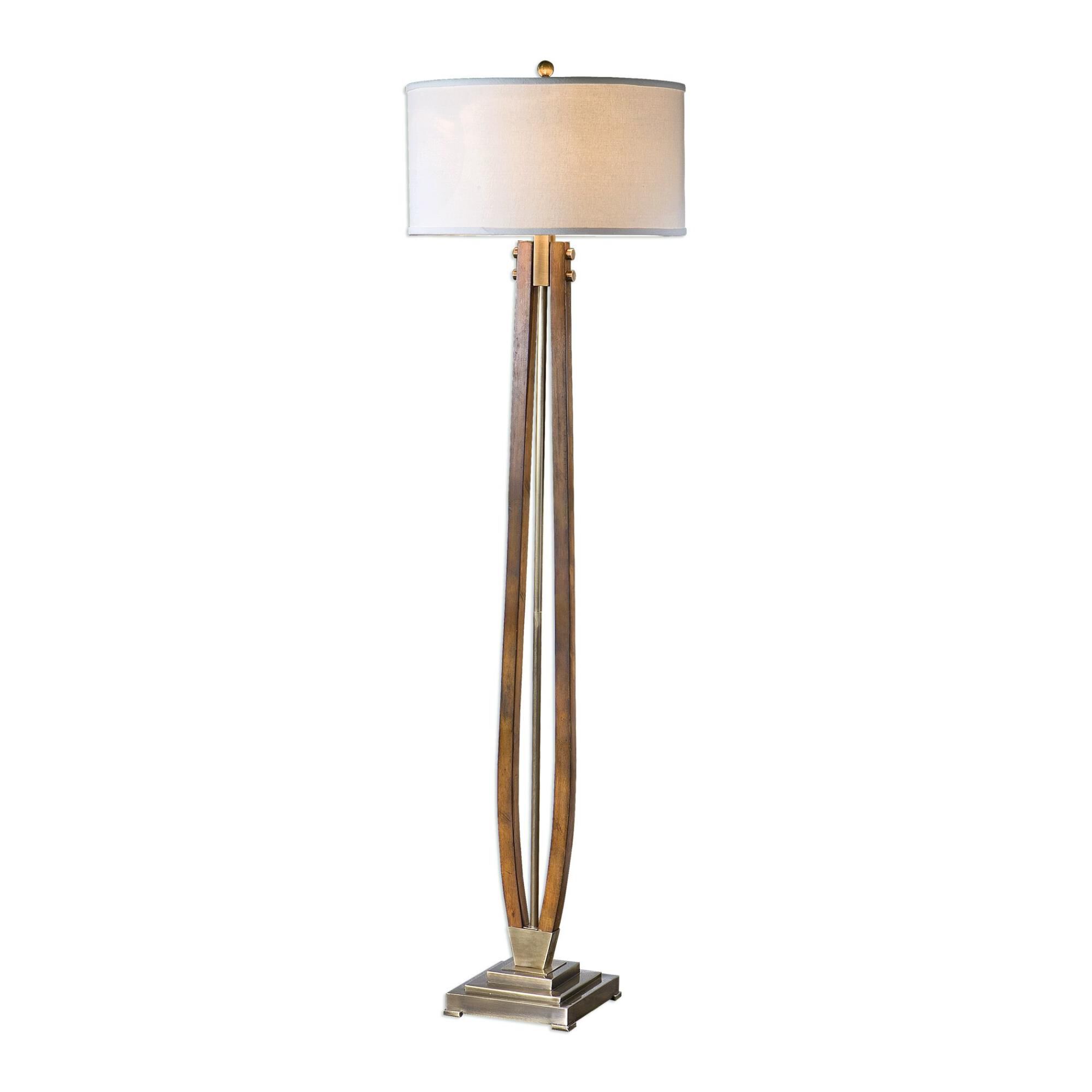 Shown in Burnished Honey Stain-Brushed Coffee Bronze finish and Light Beige Linen Fabric shade
