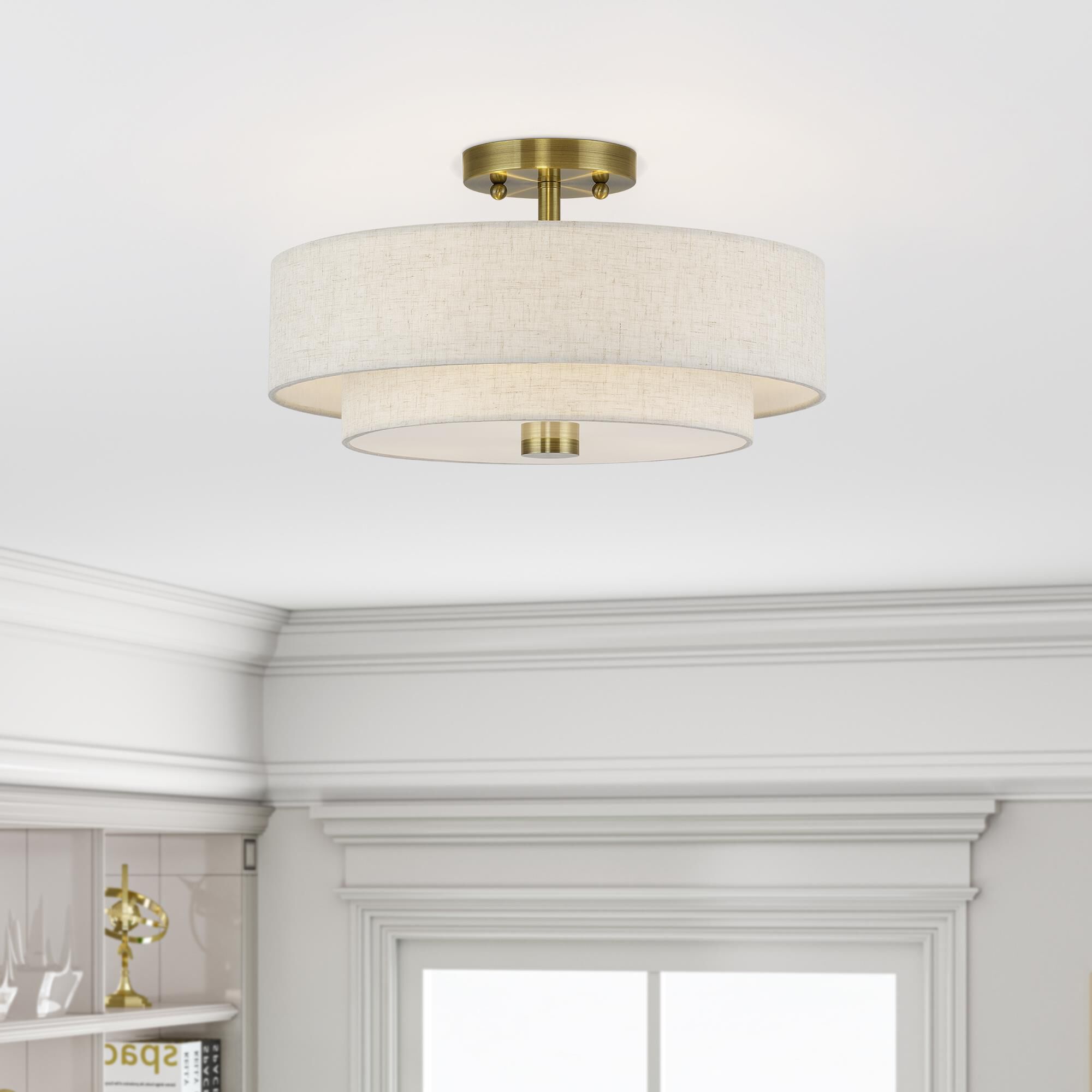 Shown in Antique Brass finish and Hand Crafted Oatmeal Color Fabric with White Color Inside shade