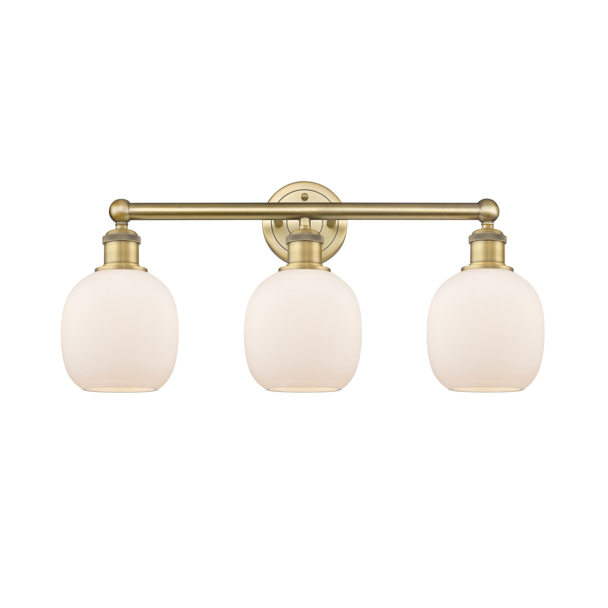 Shown in Brushed Brass finish and Matte White glass