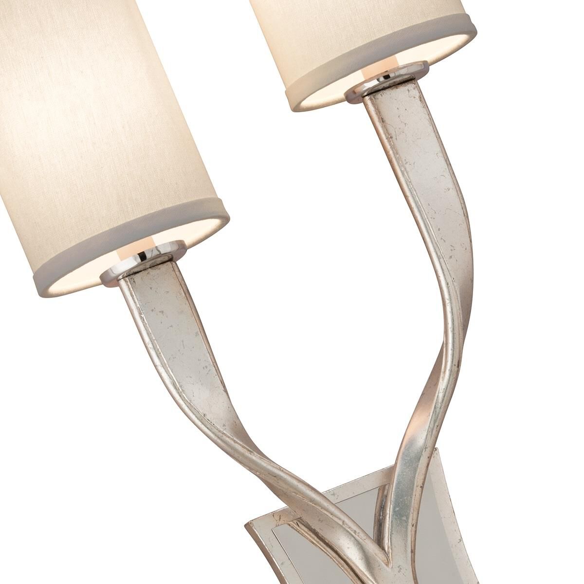 Shown in Modern Silver Leaf With Polished Stainless Accents finish and Cream glass and Hardback Linen shade