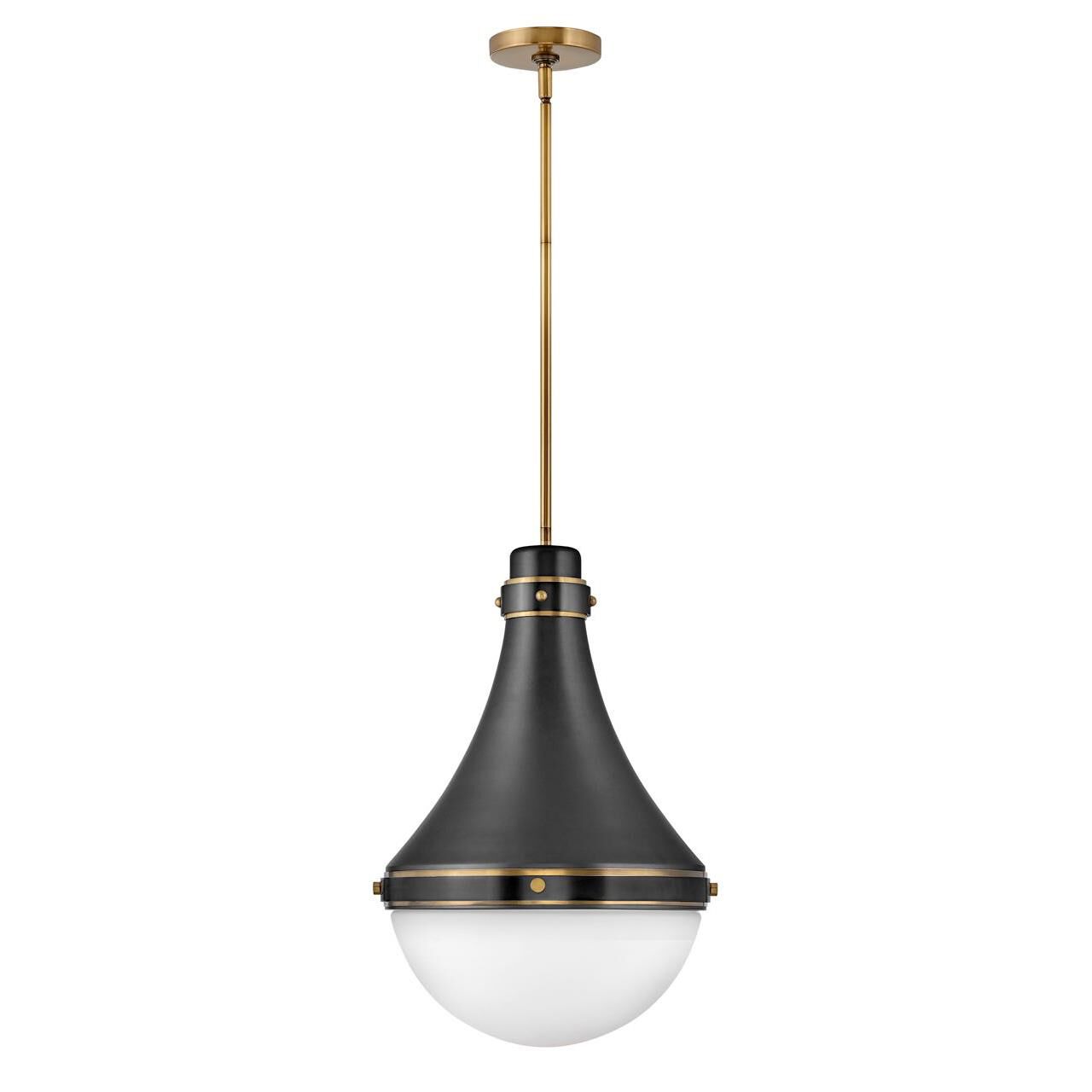 Shown in Black finish and Etched Opal glass and Heritage Brass accent