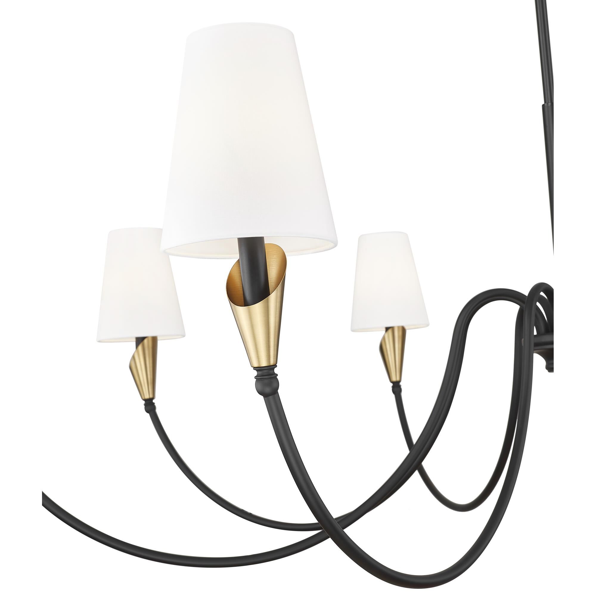 Shown in Matte Black And Modern Gold finish and White glass and White shade