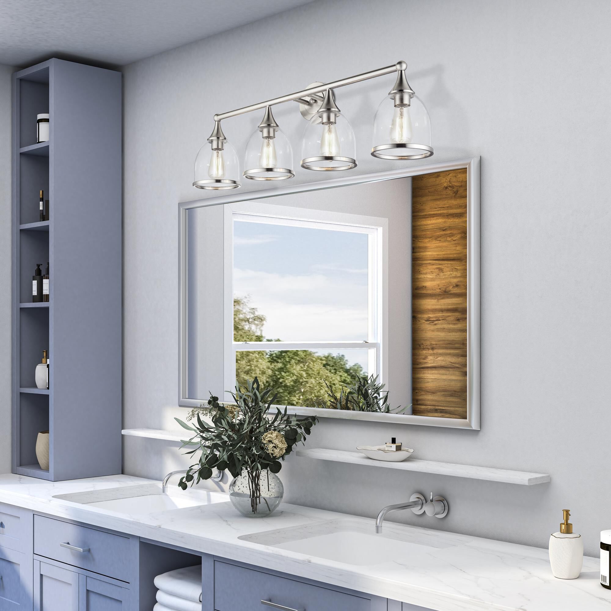 Shown in Brushed Nickel finish and Mouth Blown Clear glass