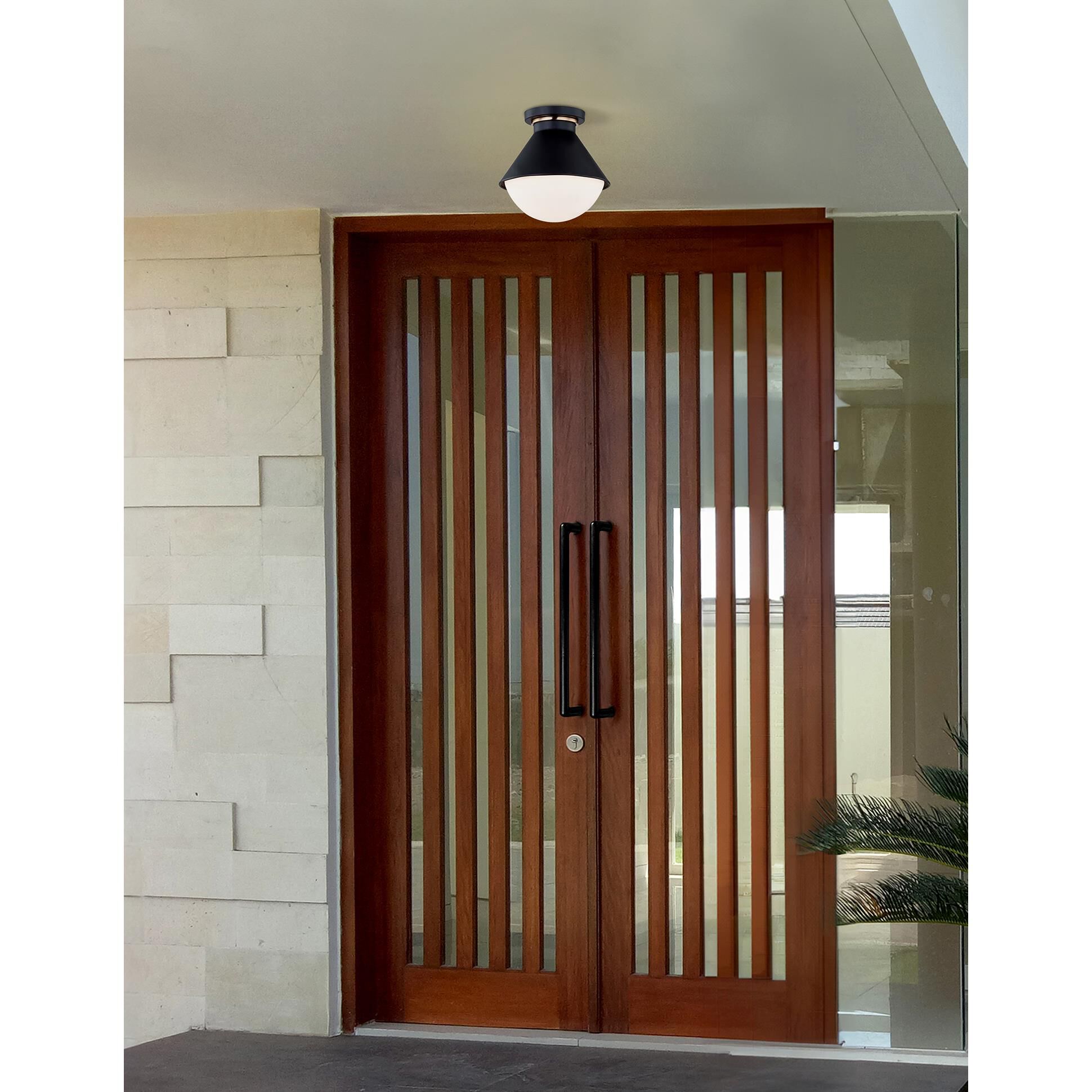 Shown in Matte Black with Brass Ring finish and Opal glass