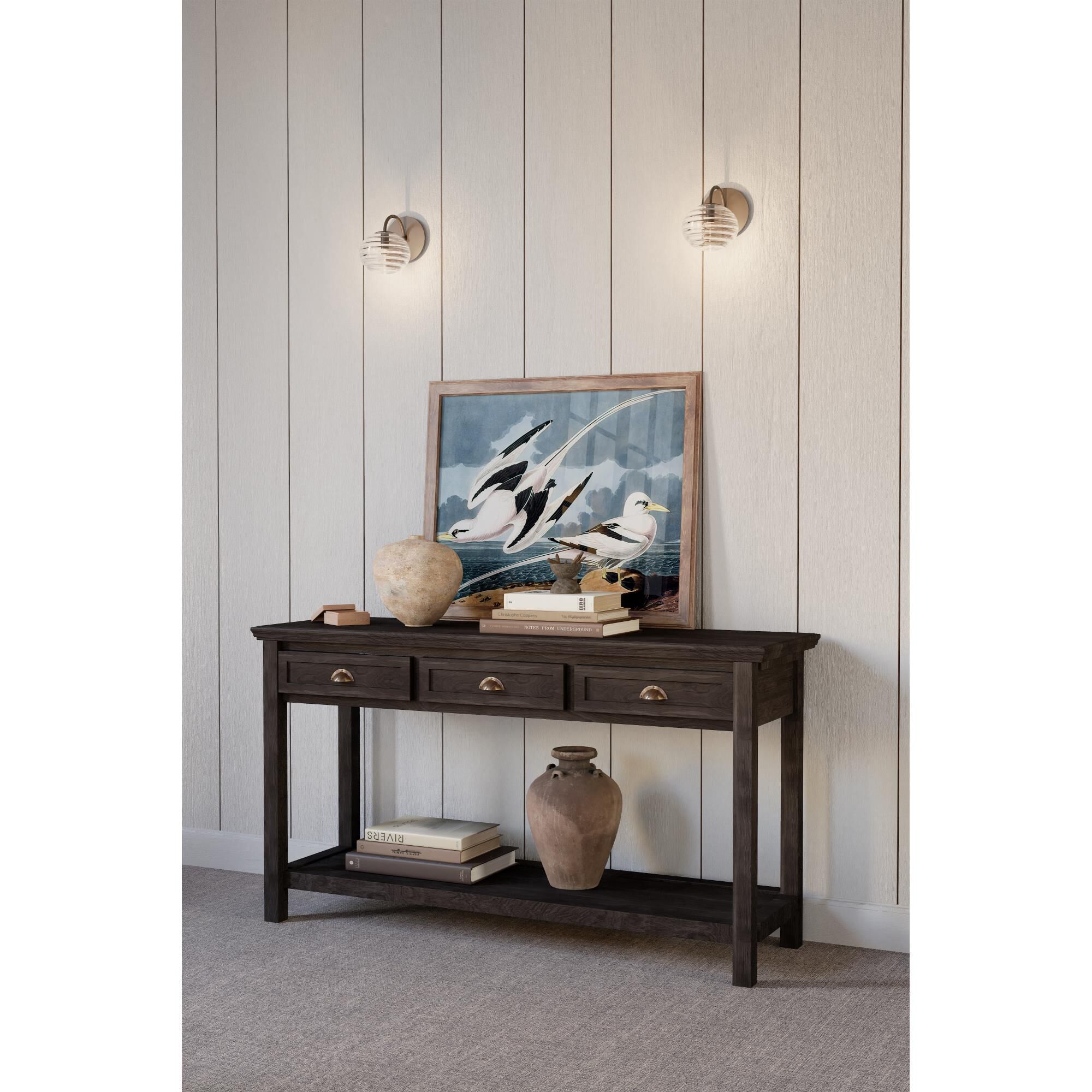 Shown in Dark Bronze finish and Clear Ribbed glass