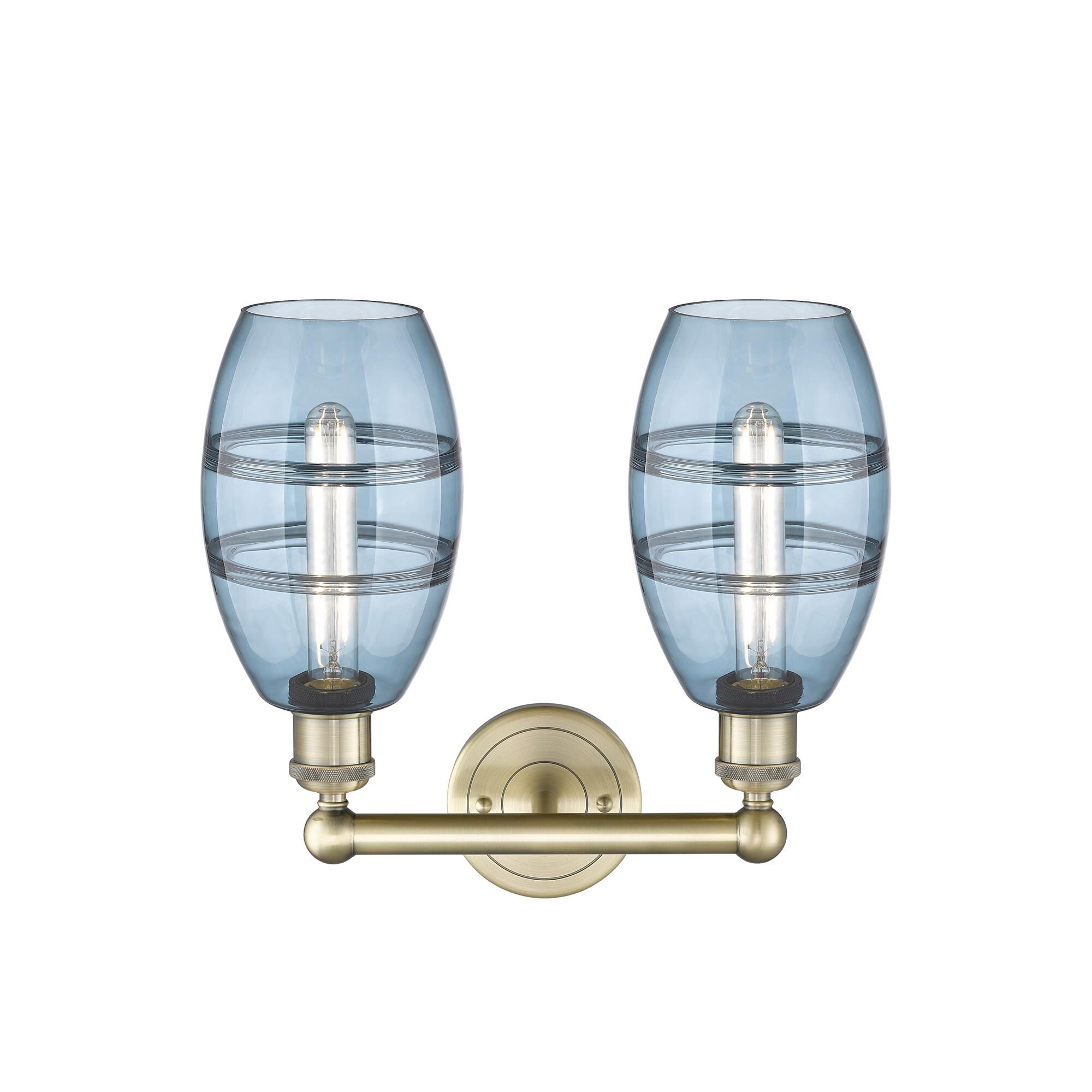 Shown in Antique Brass finish and Princess Blue glass