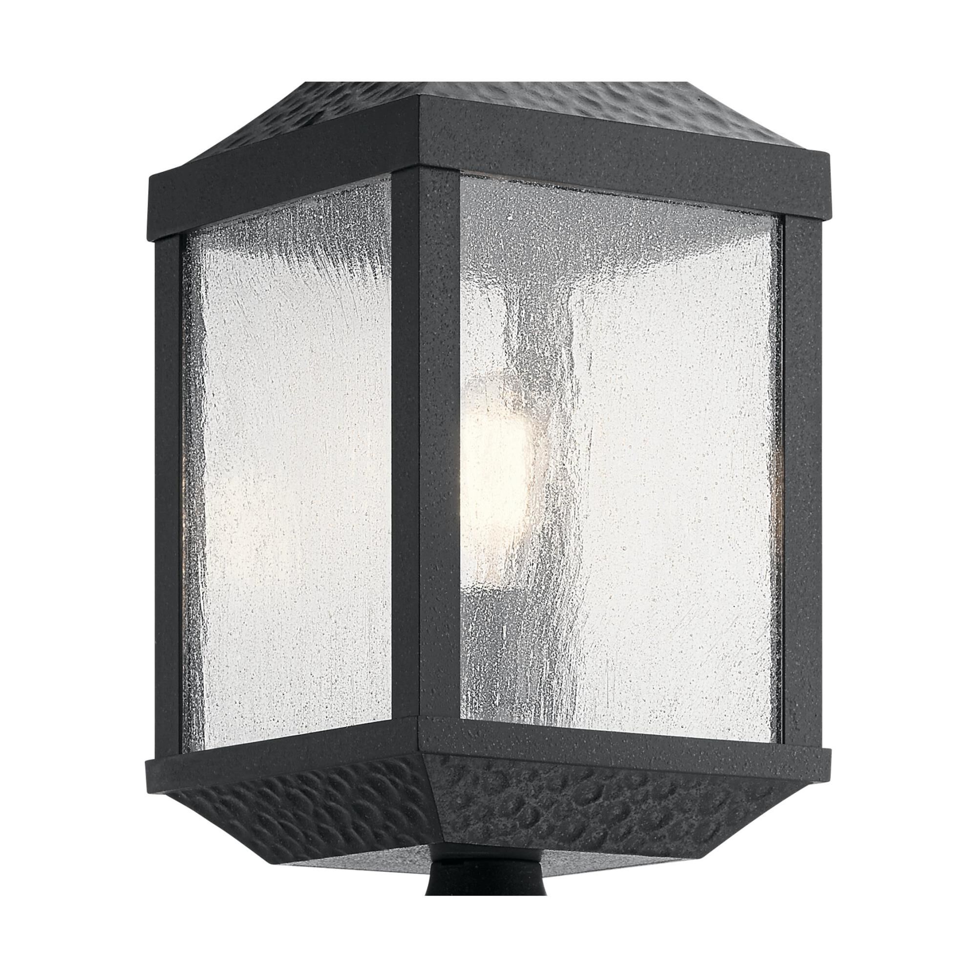 Shown in Distressed Black finish and Clear Seeded glass