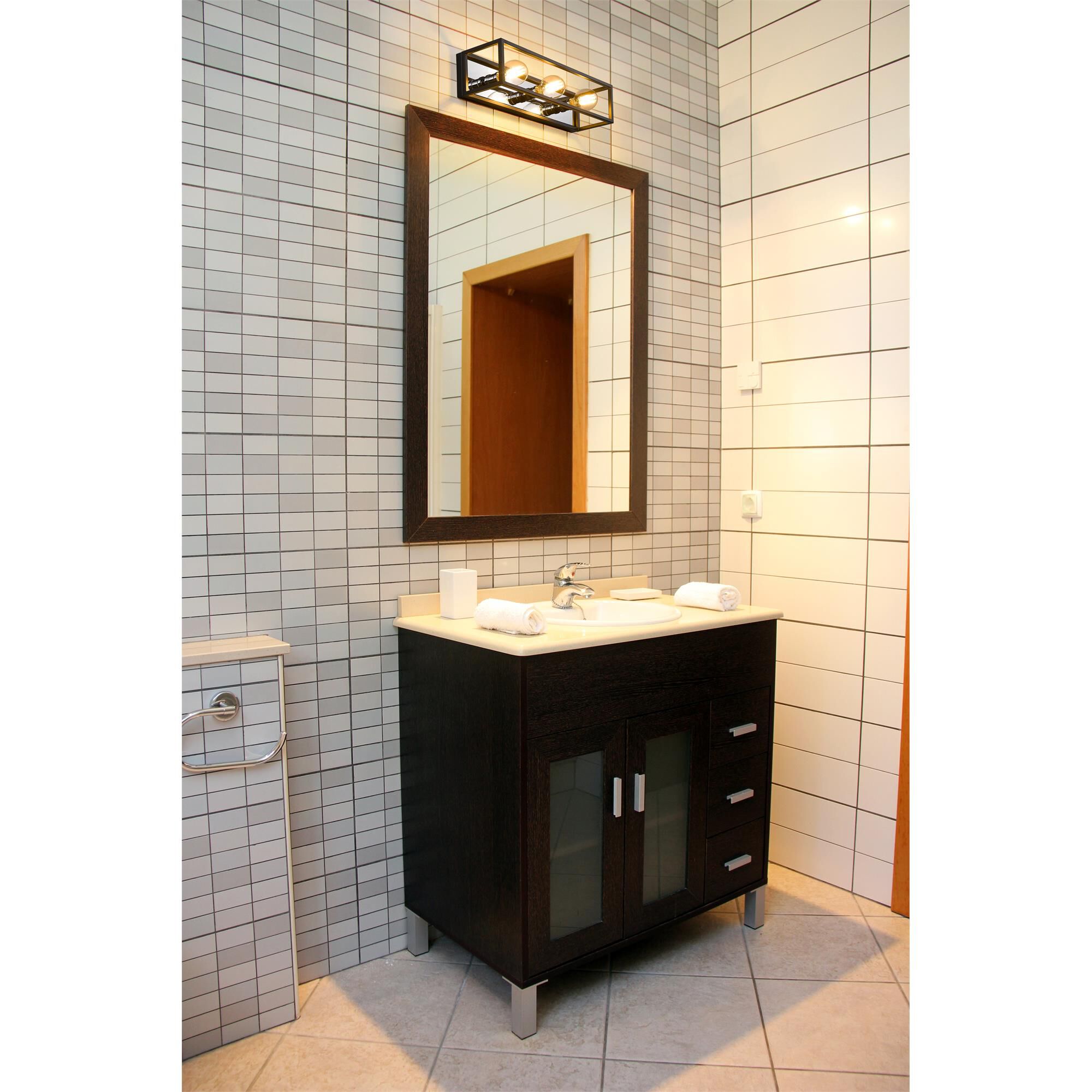 Shown in Matte Black + Chrome finish and --- glass and --- shade