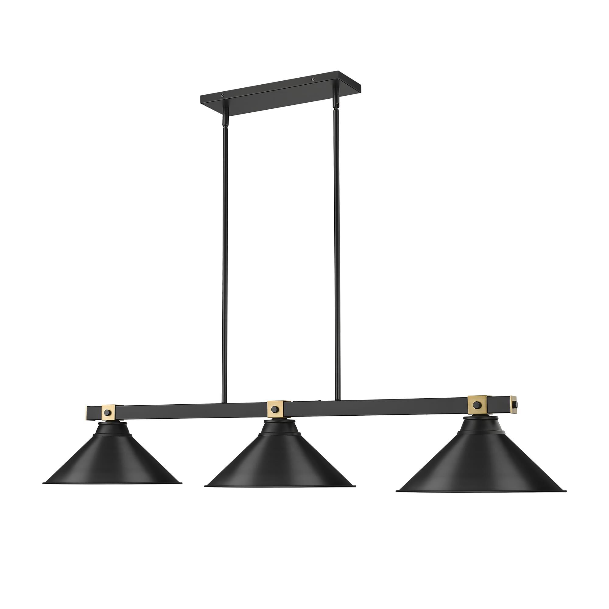 Shown in Matte Black + Rubbed Brass finish and Matte Black glass and Matte Black shade