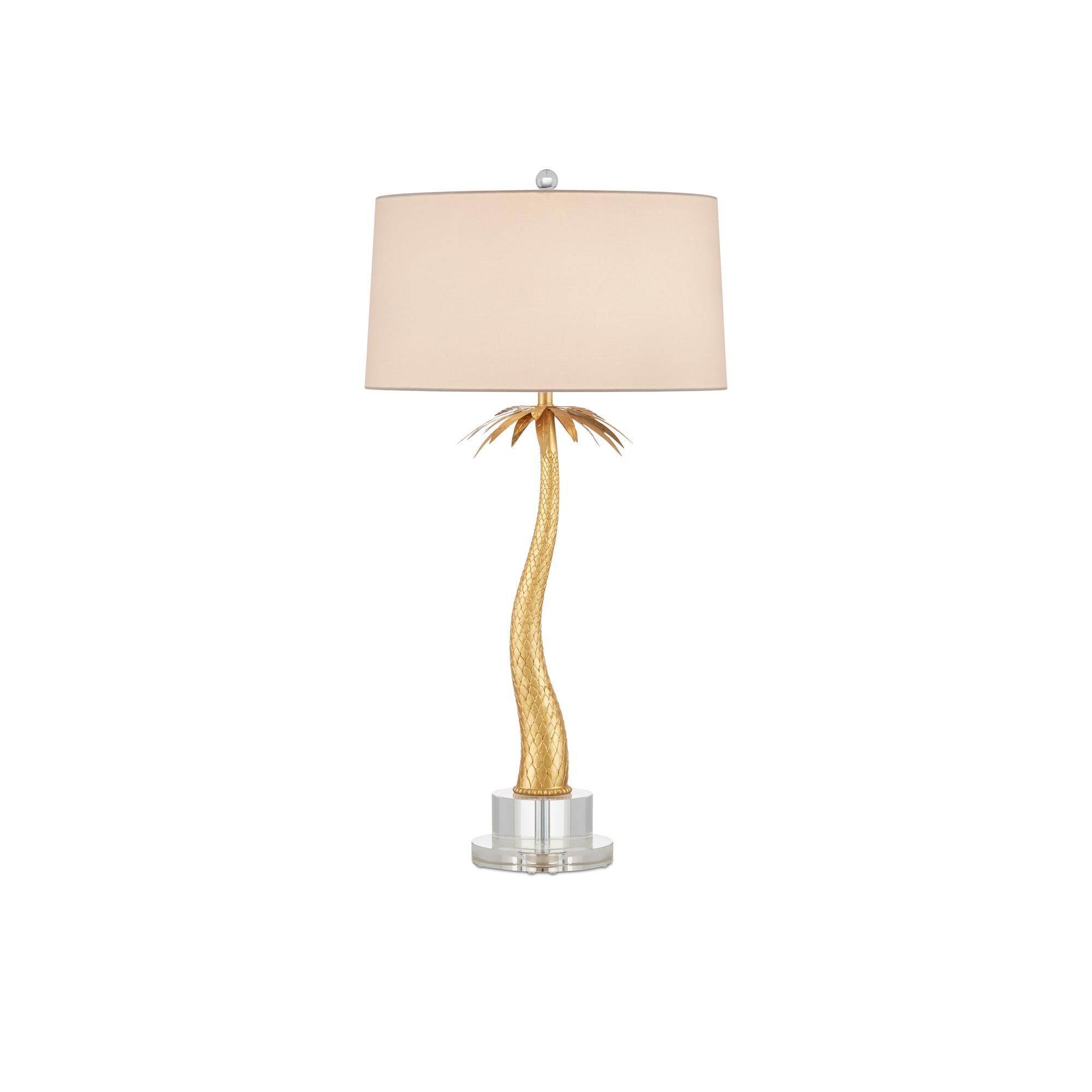 Shown in Contemporary Gold Leaf/Clear finish and Off-White Linen shade