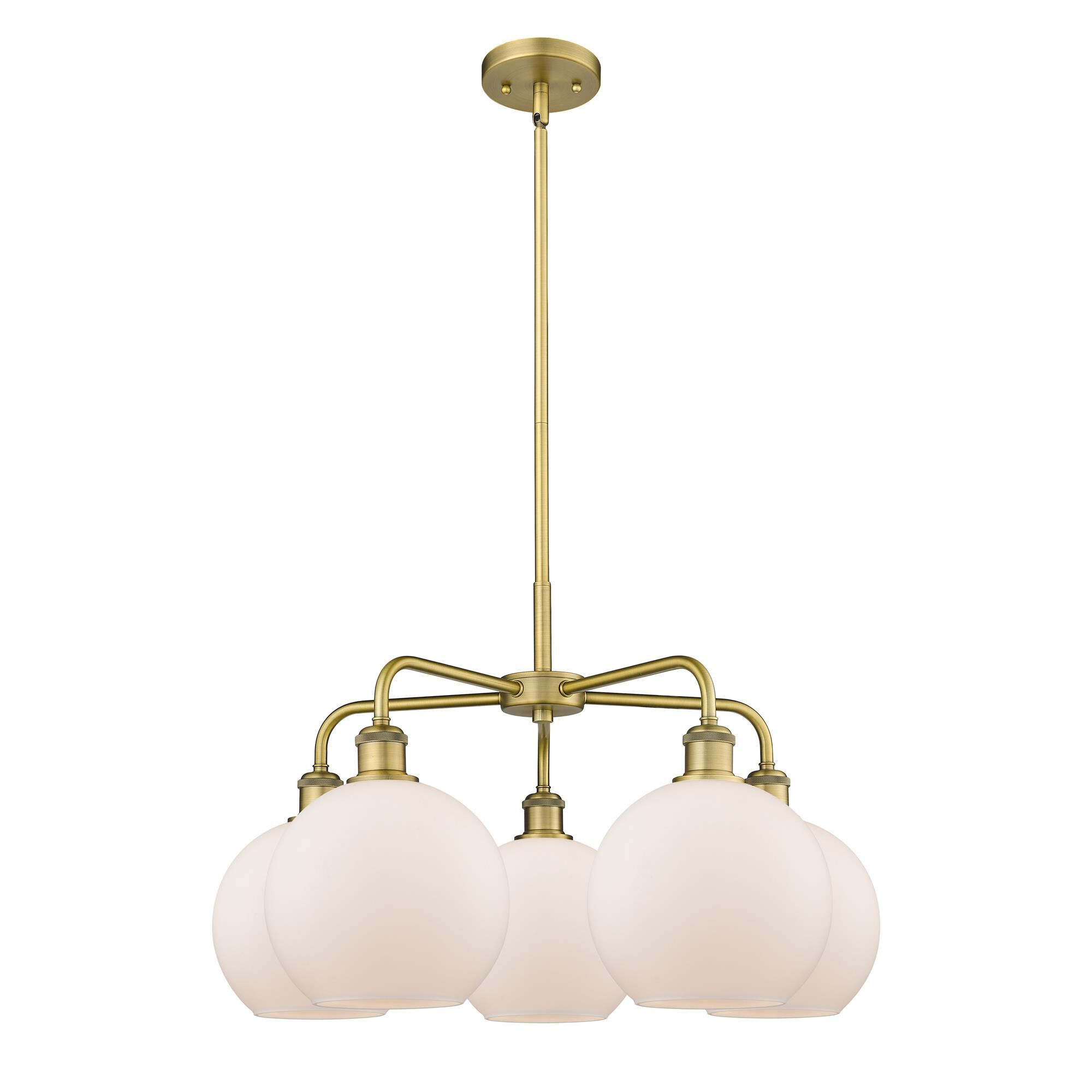 Shown in Brushed Brass finish and Matte White glass