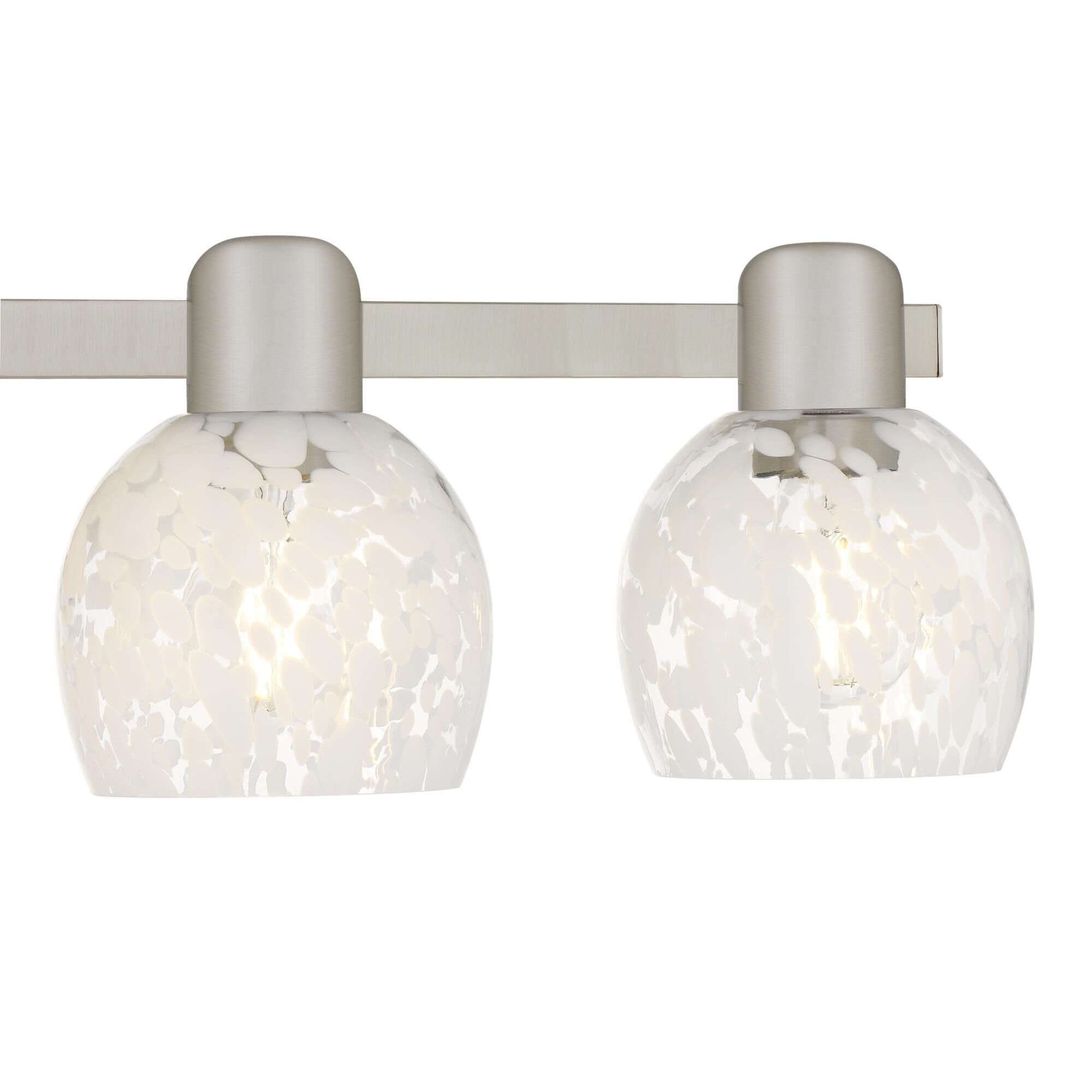 Shown in Brushed Nickel finish and White Dot Glass shade